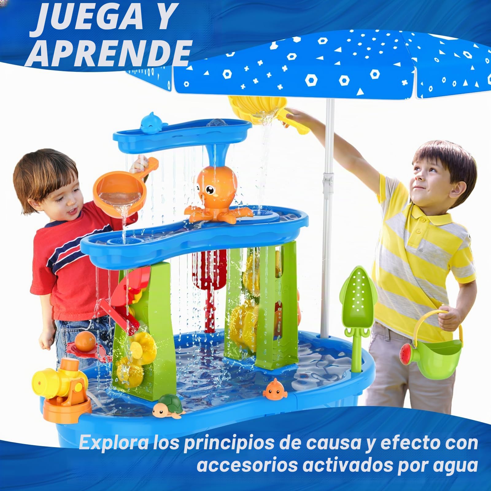 HYES Mesa de Agua para Niños 3 Niveles con Paraguas, Arena, Duchas - Azul