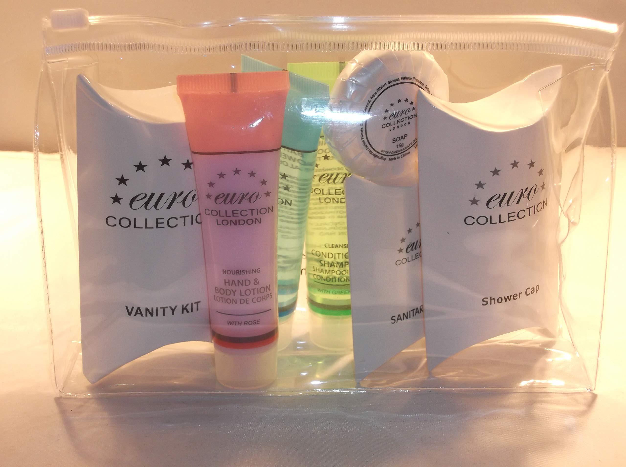 Euro Collection Sets, 25 ml Tube Set in Zip Lock PVC Bag, Conditioning Shampoo+Shower Gel+Body Lotion+Soap+Shower Cap+Sanitary Bag+Vanity Kit,Set of 5