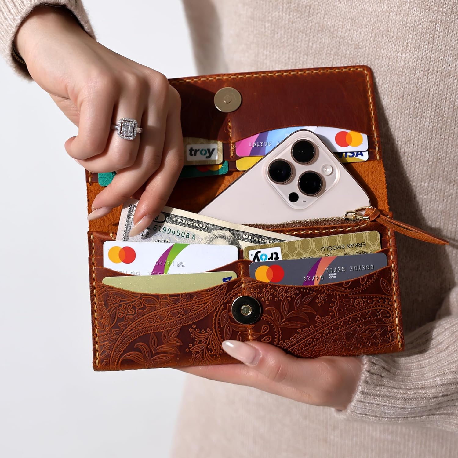 Genuine Leather Handmade Wallet for Women Large Capacity Credit Card Holder Ladies Bifold Long Clutch Handbag Slim Minimalist Western Purse with Zipper Pocket - Image 8