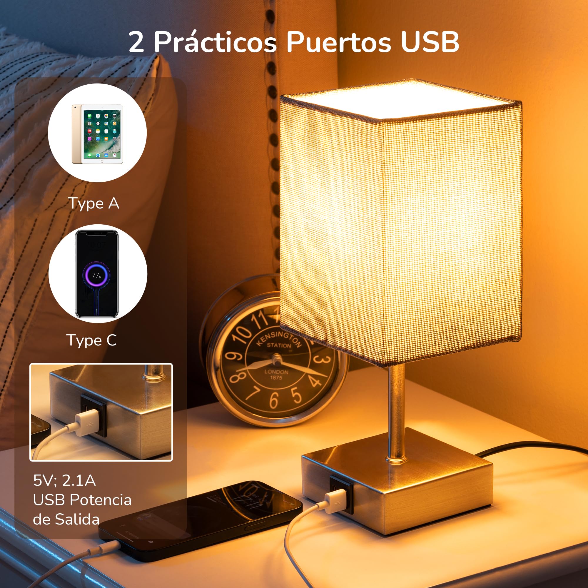 EDISHINE Lámpara de Noche LED Regulable Táctil 2 Lámparas de Mesa Modernas Lámpara 2 USB Puertos de Carga para Dormitorio Salón Alféizar Regalo Pantalla Gris