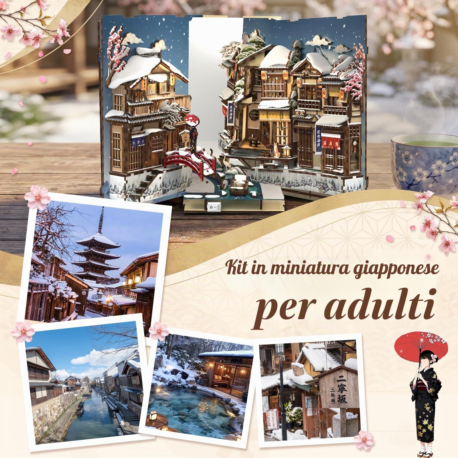 Fsolis Book Nook Kit - Scena di Casa delle Bambole: Notte Innevata a Kyoto,3D Booknook, Decor per Libreria, Regalo per Adulti (Kyoto Snow Whisper)