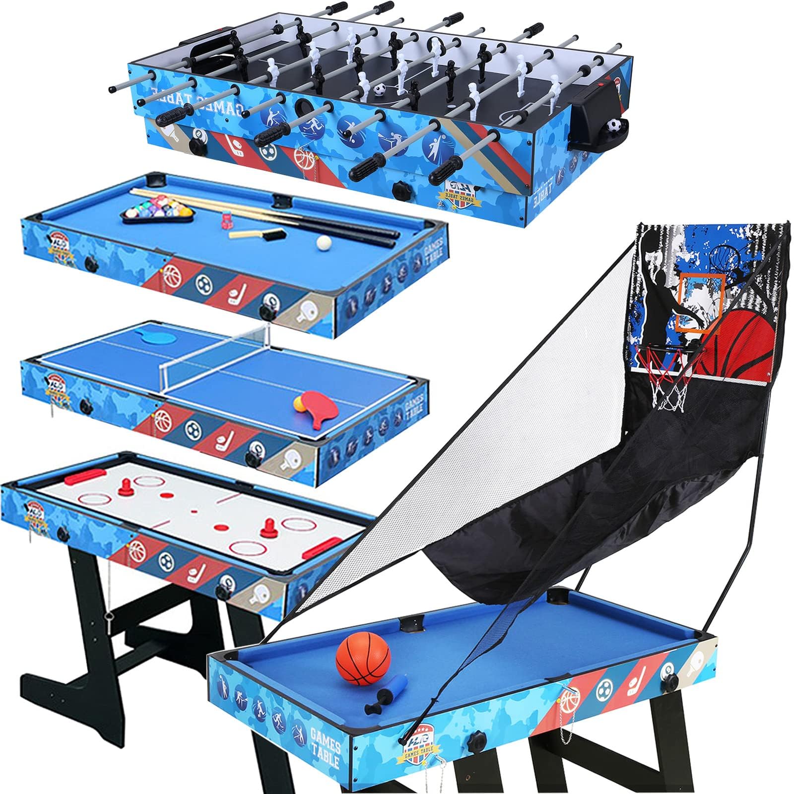 HLC Stół do gier 5 w 1 z snookerem/piłką nożną/hokejem/tenisem stołowym/koszykówką dla rodziny rodzic-dziecko interaktywna gra zręcznościowa (122 cm)