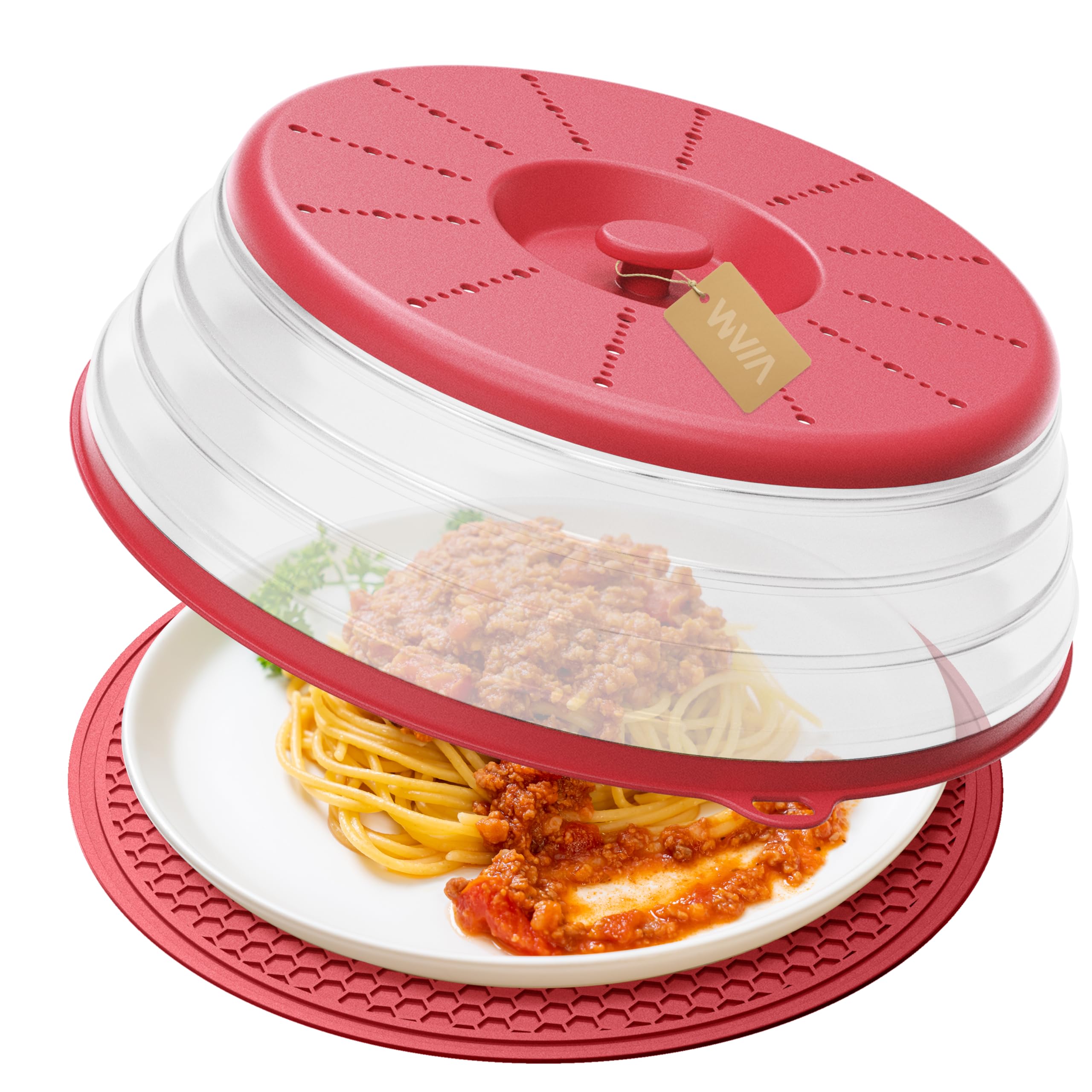 WVM Microwave Splatter Cover &amp; Mat, Vented Collapsible Splatter Guard dish Plate lid &amp; Silicone Round Kitchen Mat for Food, Meal Prep, Red