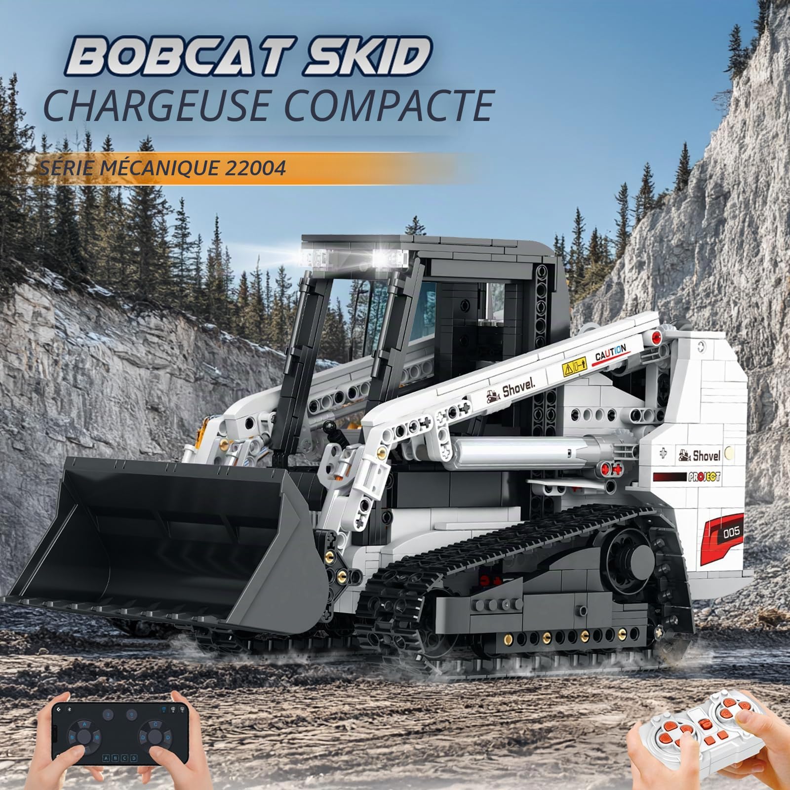 Reobrix Bobcat Lot de 1227 blocs de construction pour chargeur, télécommande télécommandée, jouet de construction de véhicule avec mode multijoueur 2,4 GHz 22004, cadeau pour enfants et