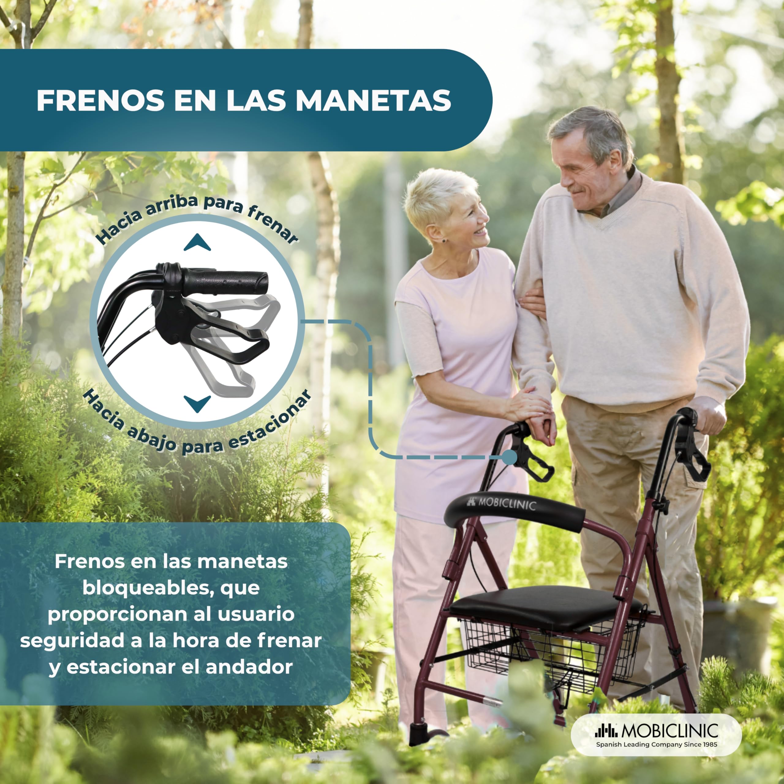 Mobiclinic®, Andador para Ancianos, Plegable, Regulable en Altura, Frenos Manuales y Bloqueables, Hasta 110 kg, con Cesta y Asiento, Ligero, Resistente, Aluminio, Escorial (Burdeos)