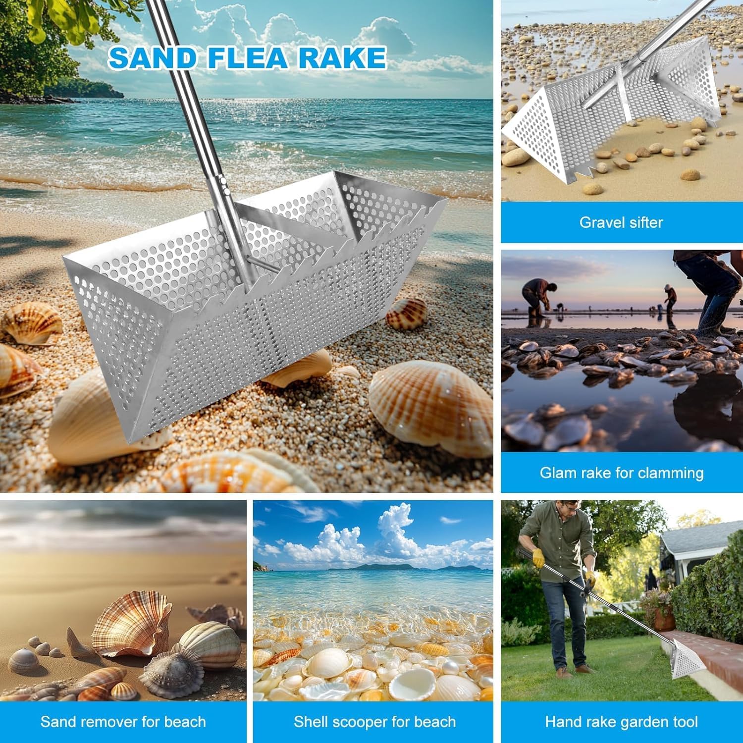 Râteau de Puce de Sable en acier inoxydable - Tamis de Sable de Plage avec Grand Panier à Dents de requin de 20×40 cm, Tamis Détachable Râteau de à Poignée Longue Détachable pour Plage