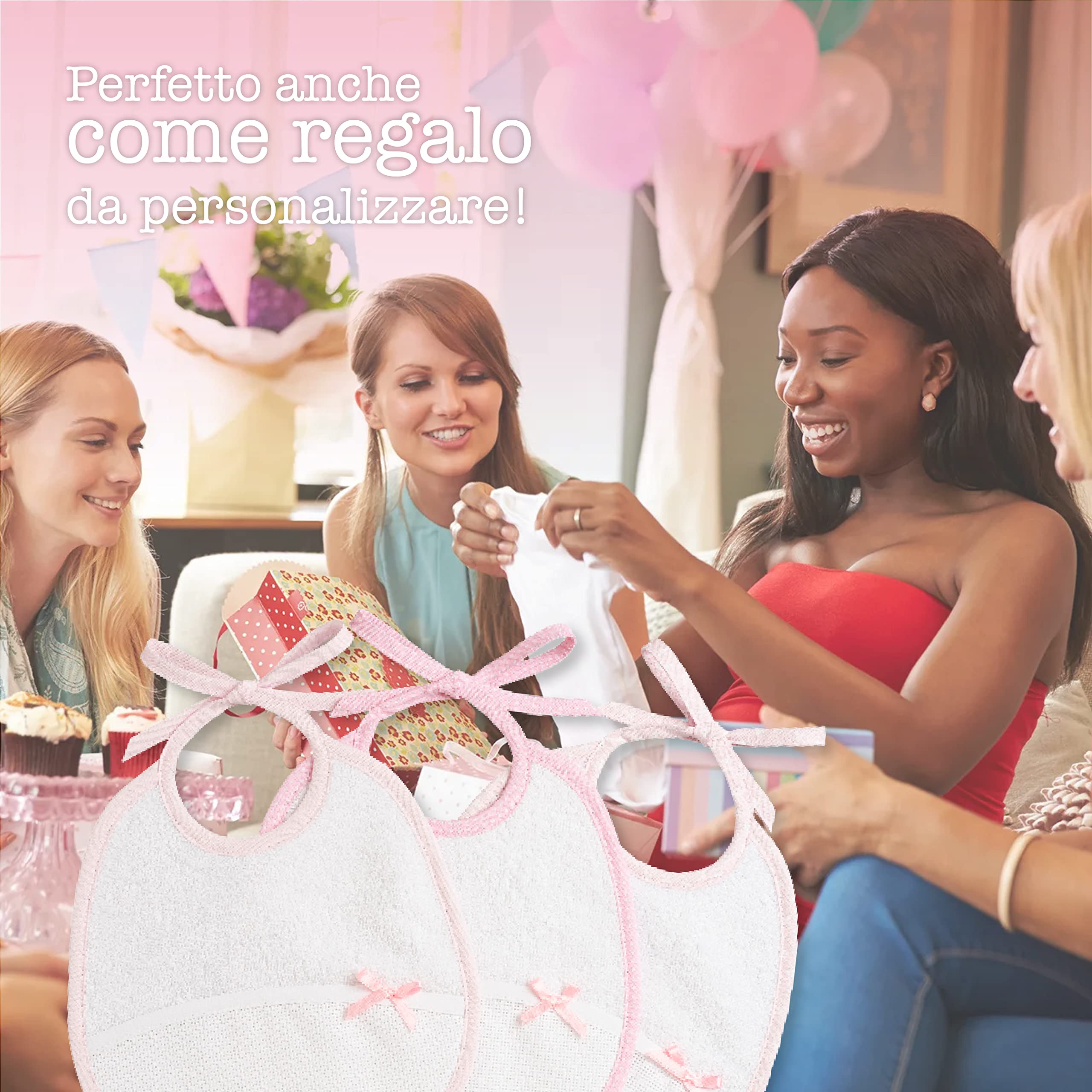Filet - Set de 3 Baberos Recién Nacido en Esponja de Algodón Blanco con Bolsillo en Tela Aida de Bordar, Protege los Vestidos Contra Comida y Regurgitación