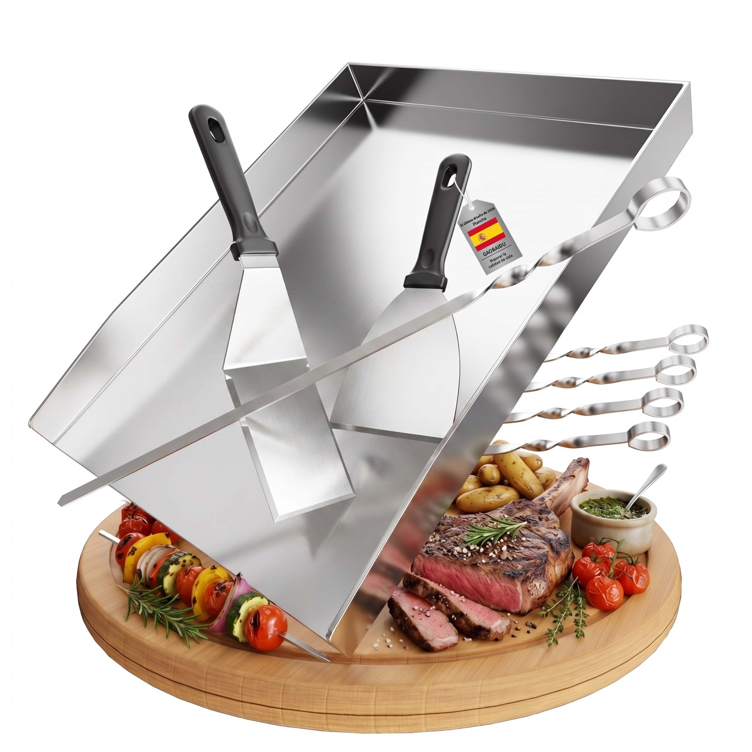 Plancha de Acero Inoxidable - Gruesa y Antioxidante, Incluye 2 Espátulas y 5 Brochetas - Para la Mayoría de Parrillas de Gas y Carbón (40x30x4CM)