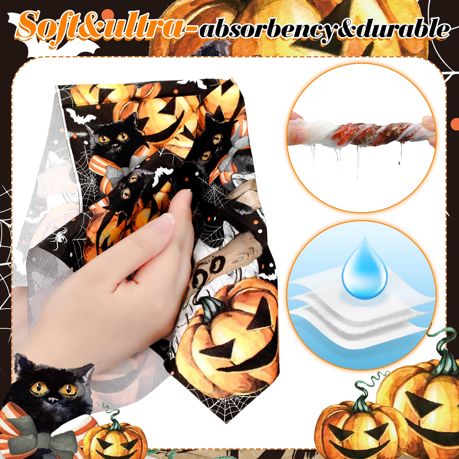 Sinmoe Lot de 200 serviettes jetables en papier pour invités d'Halloween pour salle de bain, serviettes en papier décoratives pour invités, récolte d'automne, Thanksgiving, dîner de salle de bain