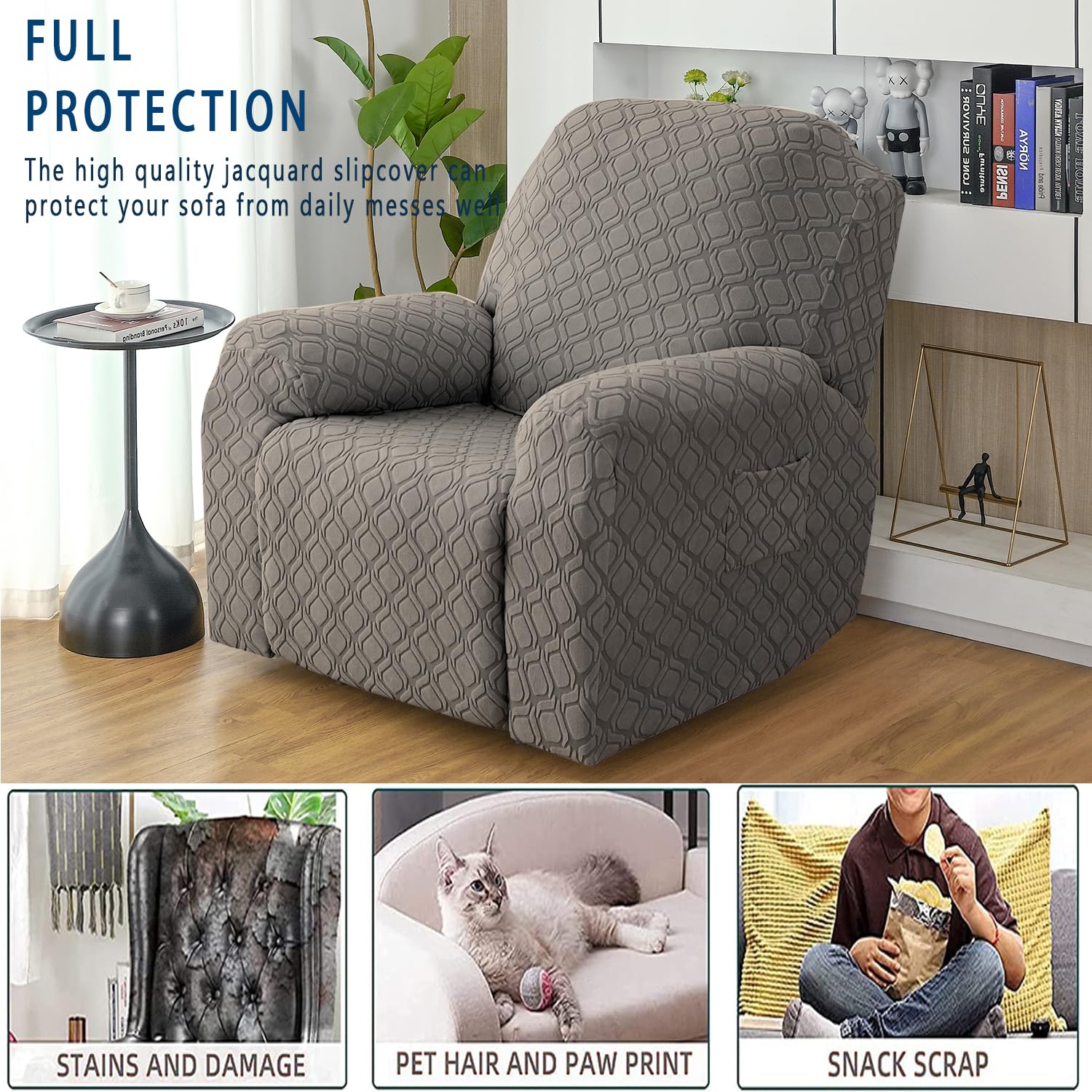 Topchances Recliner Chair Cover - Super Soft Stretch Cover with Side Pocket, Furniture Protector (Jacquard Taupe) - Image 2