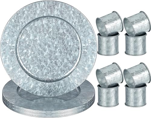 Juego de 4 platos de carga de 13 pulgadas, cargadores para platos llanos, platos rústicos galvanizados, servilleteros, servilleteros modernos para
