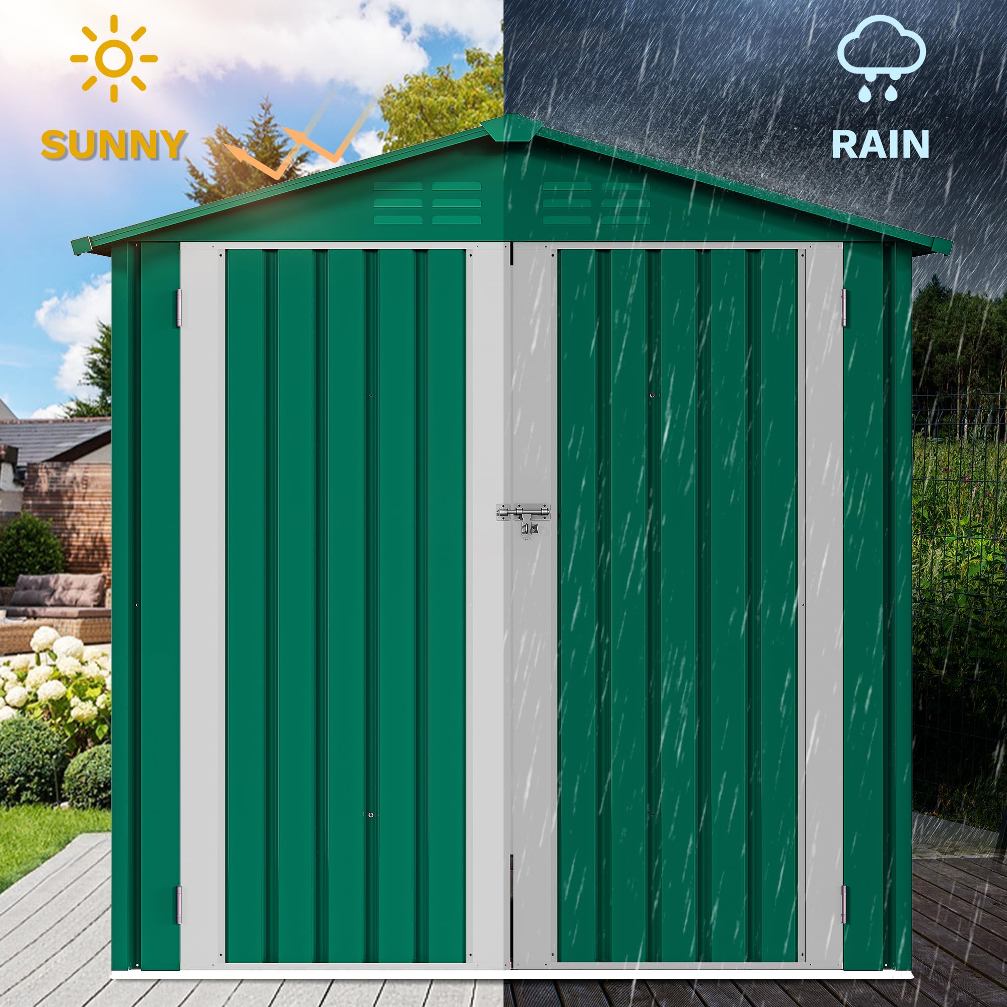 YITAHOME Metall Geräteschuppen Gerätehaus Gartenhaus Gartenhütte,Gruen | 171x87x184cm|6x4 klein|Rasenmäher Gartenschuppen|Satteldach|Abschließbar|4 Lüftungsöffnungen|Gartenhaus mit Tür|Wetterfest