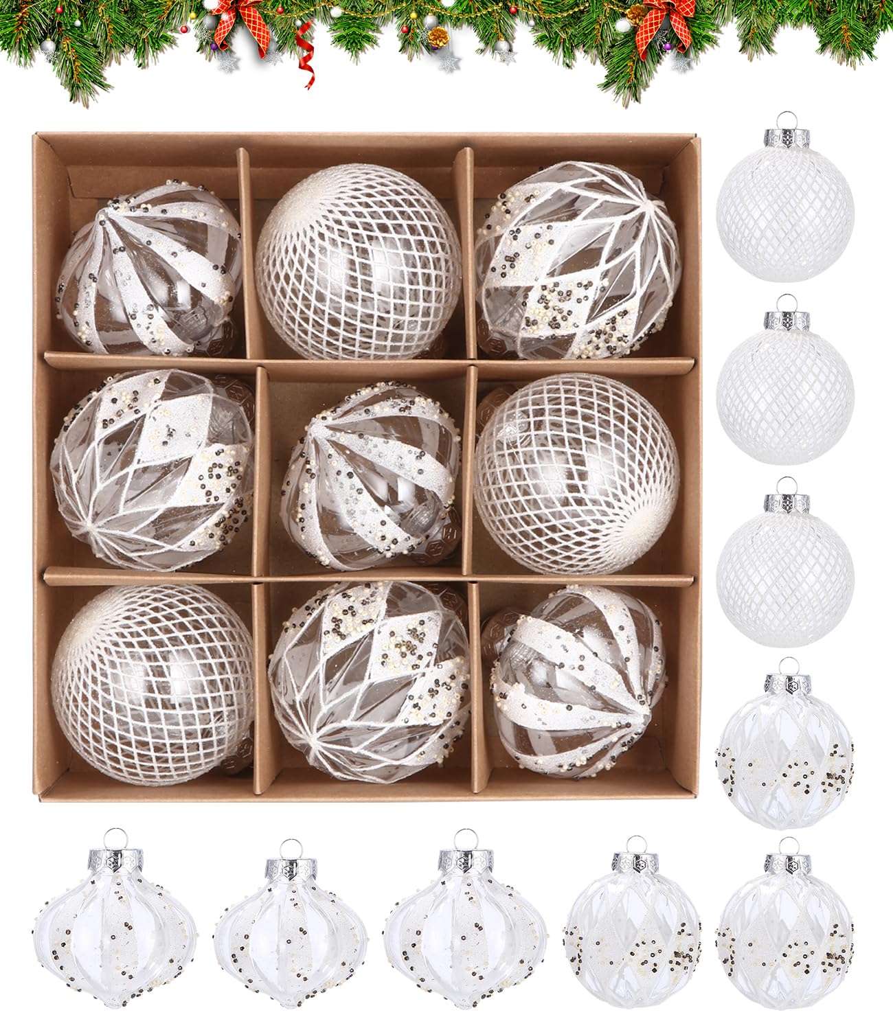 Bolas de Navidad 8CM, 9 PCS Adornos Navideños Plástico, Juego de Adornos para Colgar Decorativos para Decoración Navideña de Arboles de Navidad, para Decoración Navidad, Boda,Fiesta Cumpleaños.