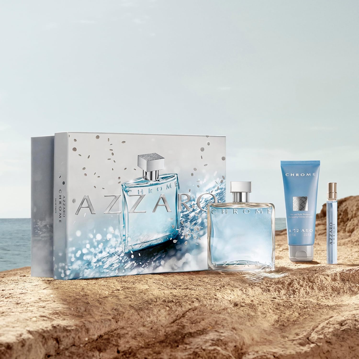Azzaro Chrome Eau de Toilette - Fresh Aquatic Mens Cologne Set ($168 Value) - 3-Piece Set Includes Full + Travel Fragrance and Hair + Body Shampoo