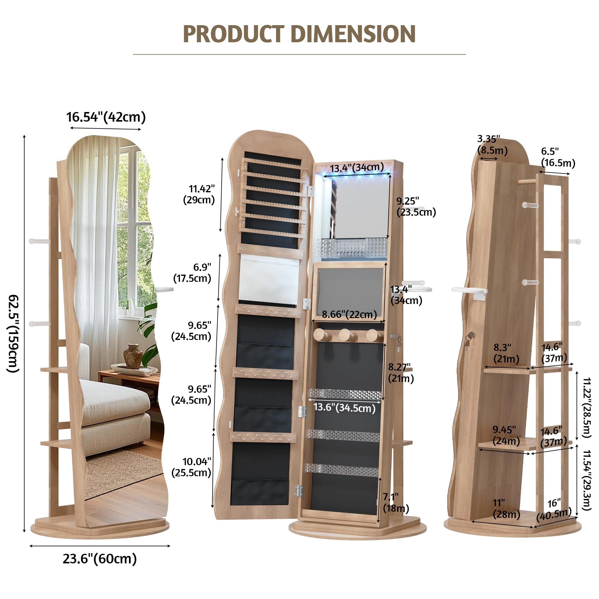 LVSOMT Armoire à bijoux LED avec Miroir Ondulé, Rotative à 360° Armoire à bijoux Verrouillable, Armoire Miroir Debout pour Salon et Chambre à coucher, étagère à 3 niveaux et 3 crochets, Bois Naturel