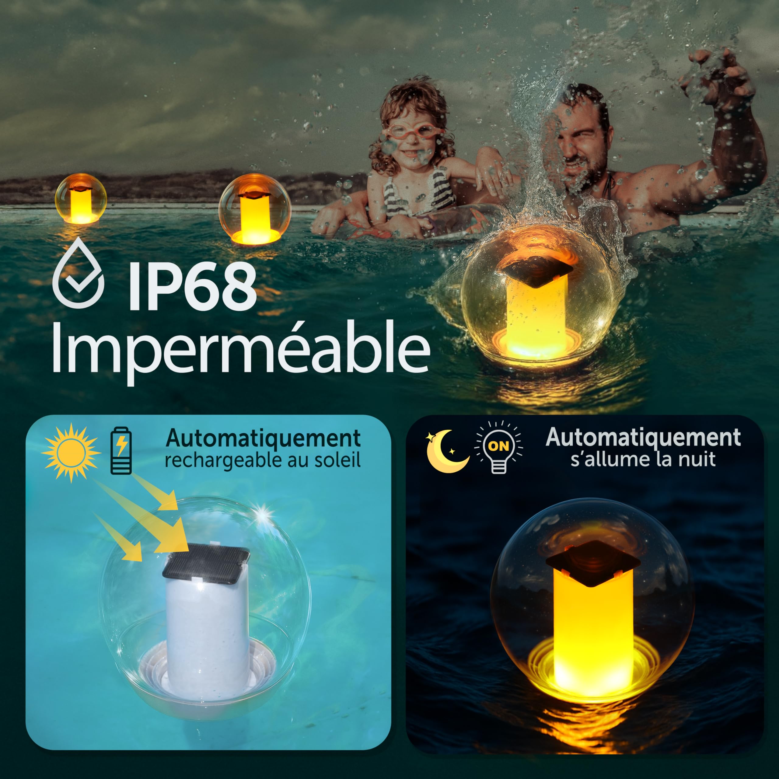 VISOFO Lampes solaires flottantes pour piscine | Décorations d'extérieur étanches à énergie solaire Lampe LED flamme LED pour étang creusé Décoration de fête, événement, nuit hors sol IP68 (1 pièce)