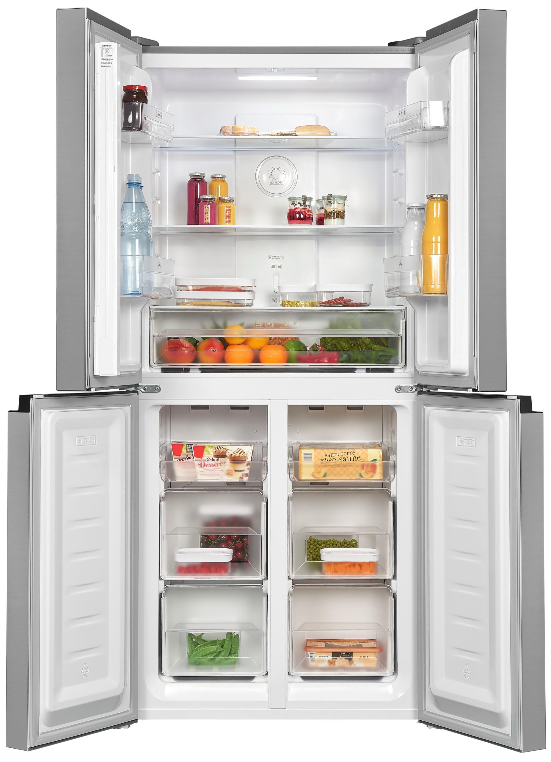 Exquisit® Frigorífico Americano, 4 Puertas, 362L, Clase D, Material Acero Inox, Tecnologia No-Frost, Display Digital en Puerta, Cajon Verdulero Siempre Fresco, Consumo 210 kWh/año, Medidas 180x79x62Cm