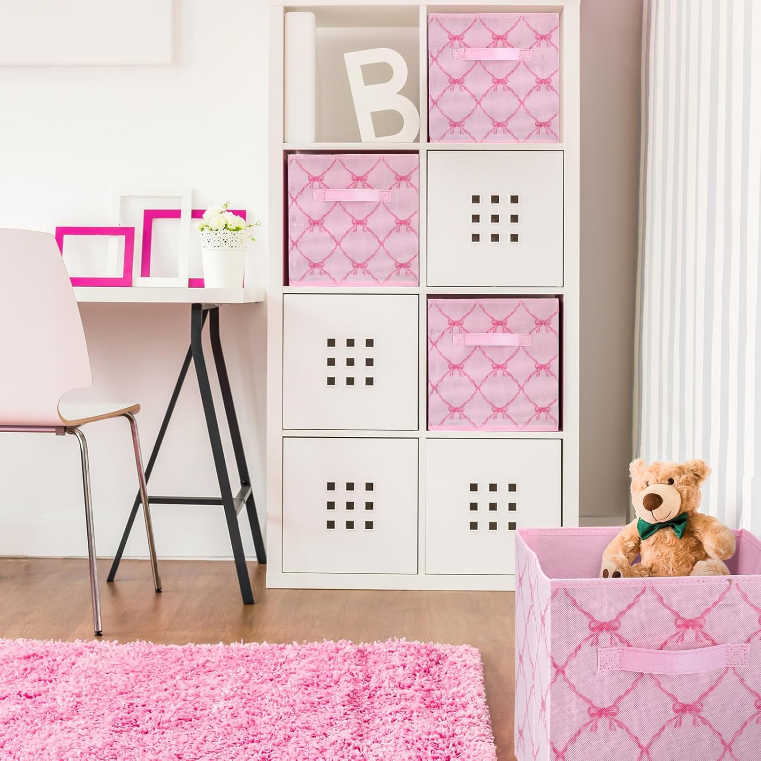 Geelin 6 Pcs Pink Bow Cube Storage Bins 11 Inch Storage Basket with Handle, Preppy Girls Organizer Basket, Collapsible Fabric Box for Classroom Bedrooms Office Home Decoration Gift