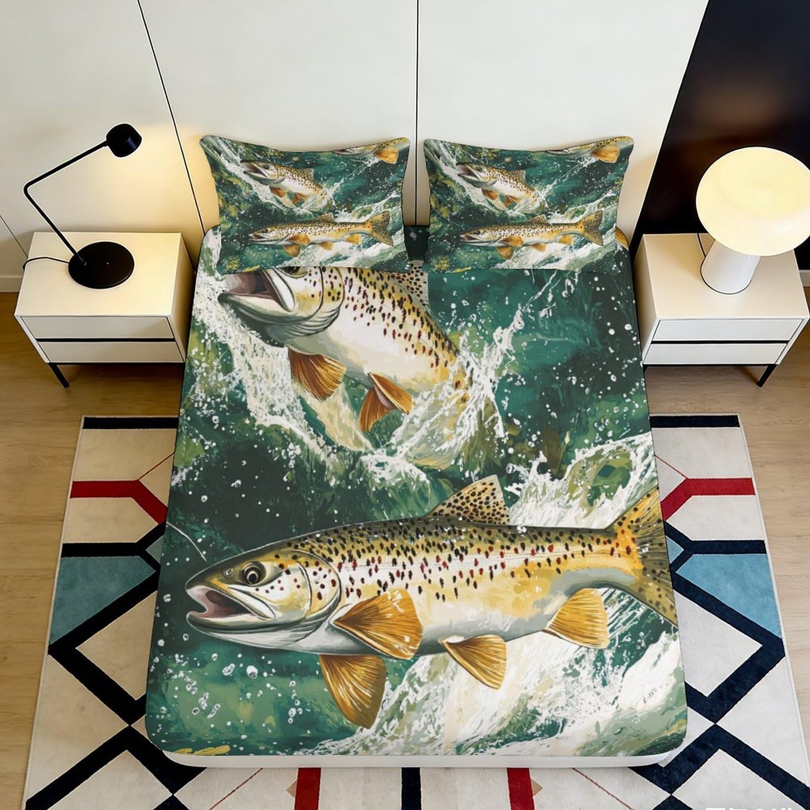 3D Printed Jumping Trout Fitted Sheet Microfiber Soft Breathable River Fish Bed Cover for Bedroom Guest Room Decor 90x200x25cm