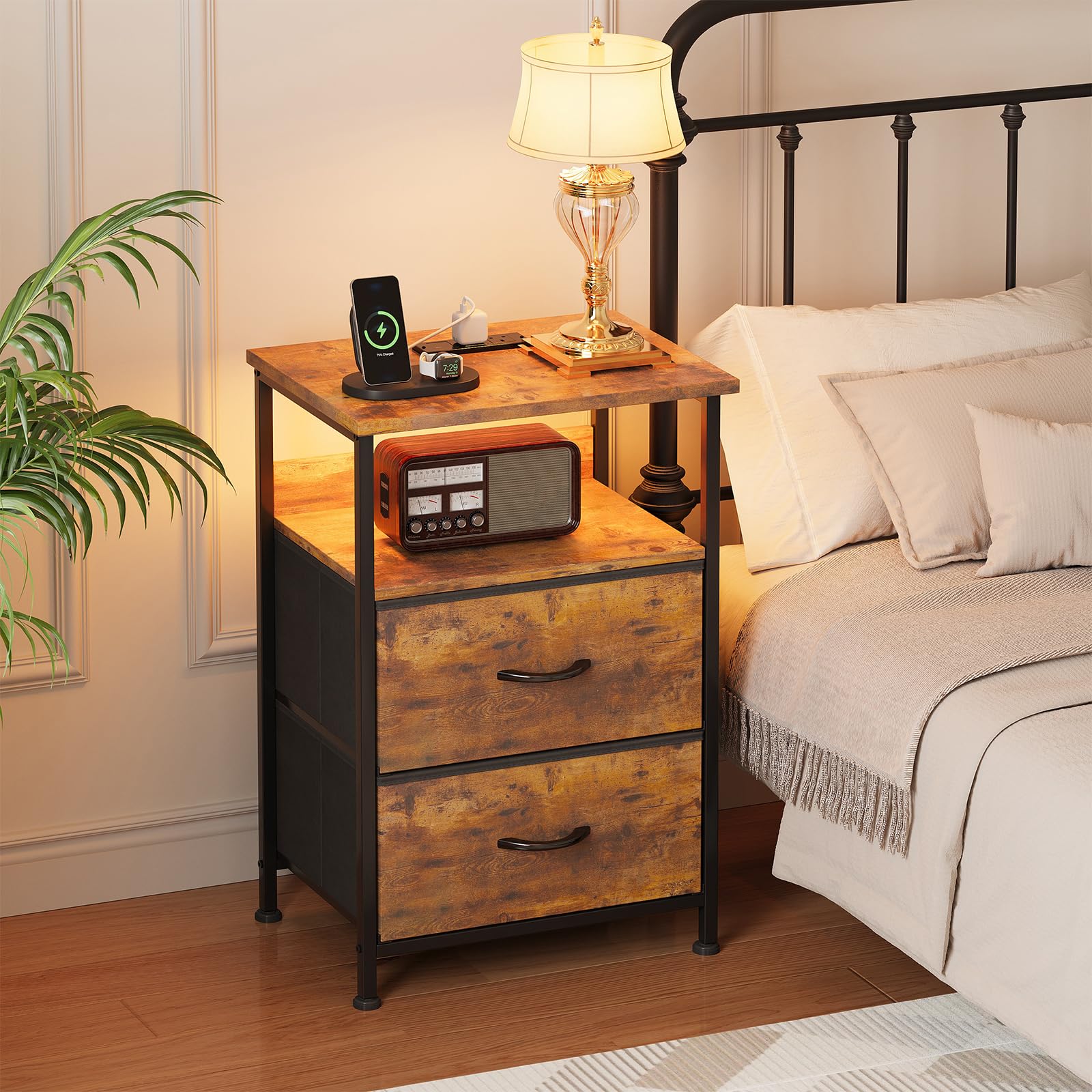 Flrrtenv Bedside Table with Charging Station, Smart Beside Cabinet, Nightstand with 2 Fabric Drawers & LED Light, Small Side Table with Open Storage Shelf, End Table for Living Room, Bedroom, Brown