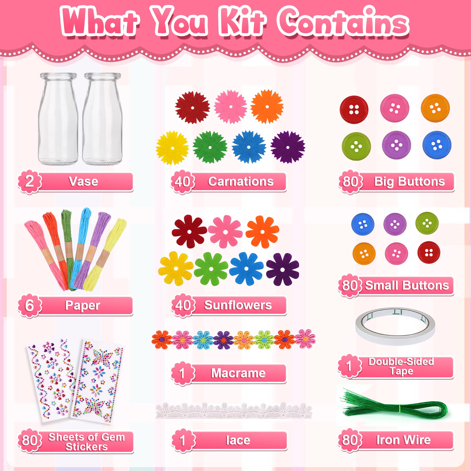 Kit di fiori per bambini, Divertente kit fai da te per ragazze, ragazzi, bambini, arti, 2 vasi di fiori in vetro, bottone colorato, Fiori di feltro, feste per bambini di età compresa tra 5 6 7 8 9 10