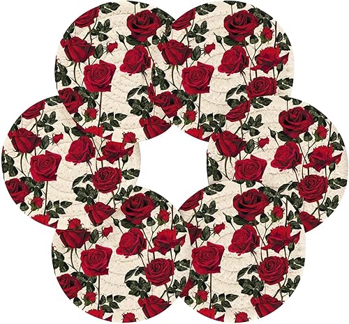 Miniatura 2 de Seamless Pattern Red Flowers Roses Leaves Absorbent Drink Coasters Coasters for Desk and Holder Set of 6 Coasters