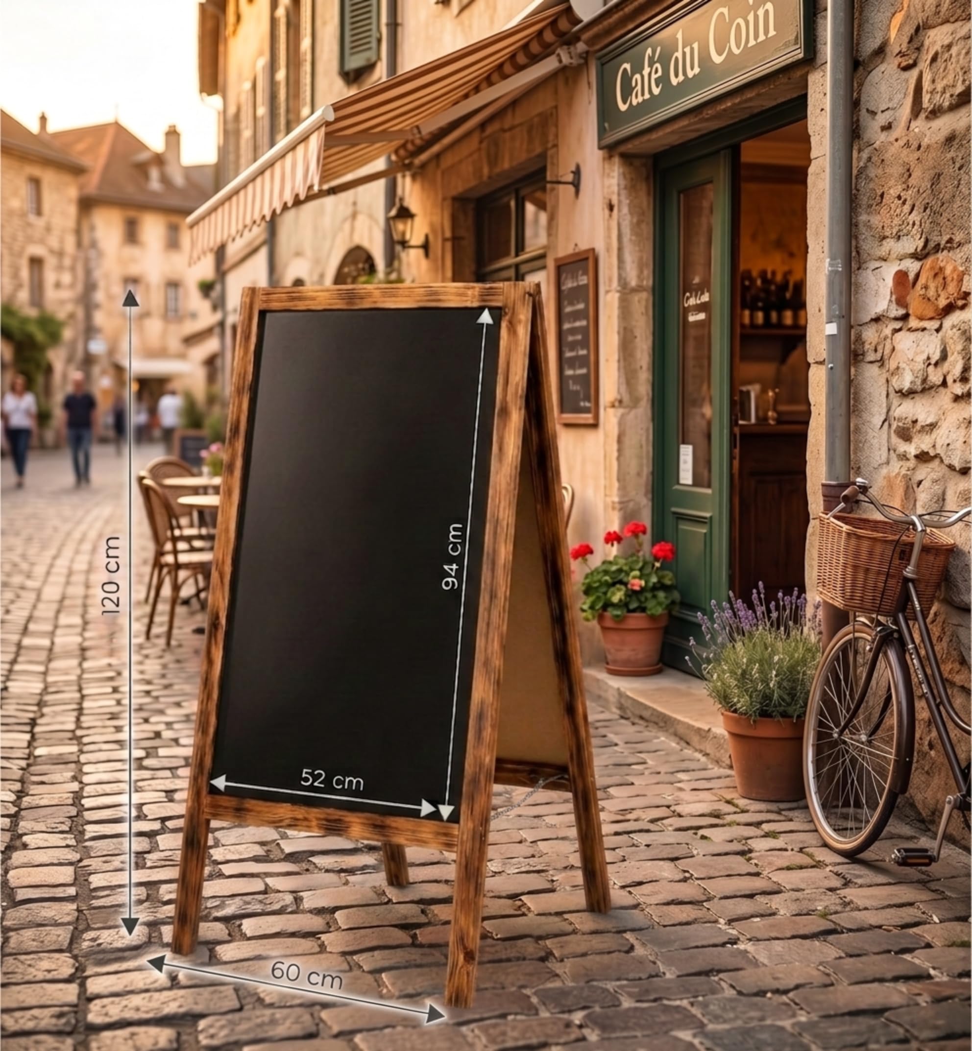 VELORA H&L Pizarra Caballete 60 x 120 cm Madera Quemada – Pizarra Doble Cara de Madera para Bar Restaurante Cafetería y Comercio, Caballete Publicitario Plegable para Exterior, Pizarra de Menú