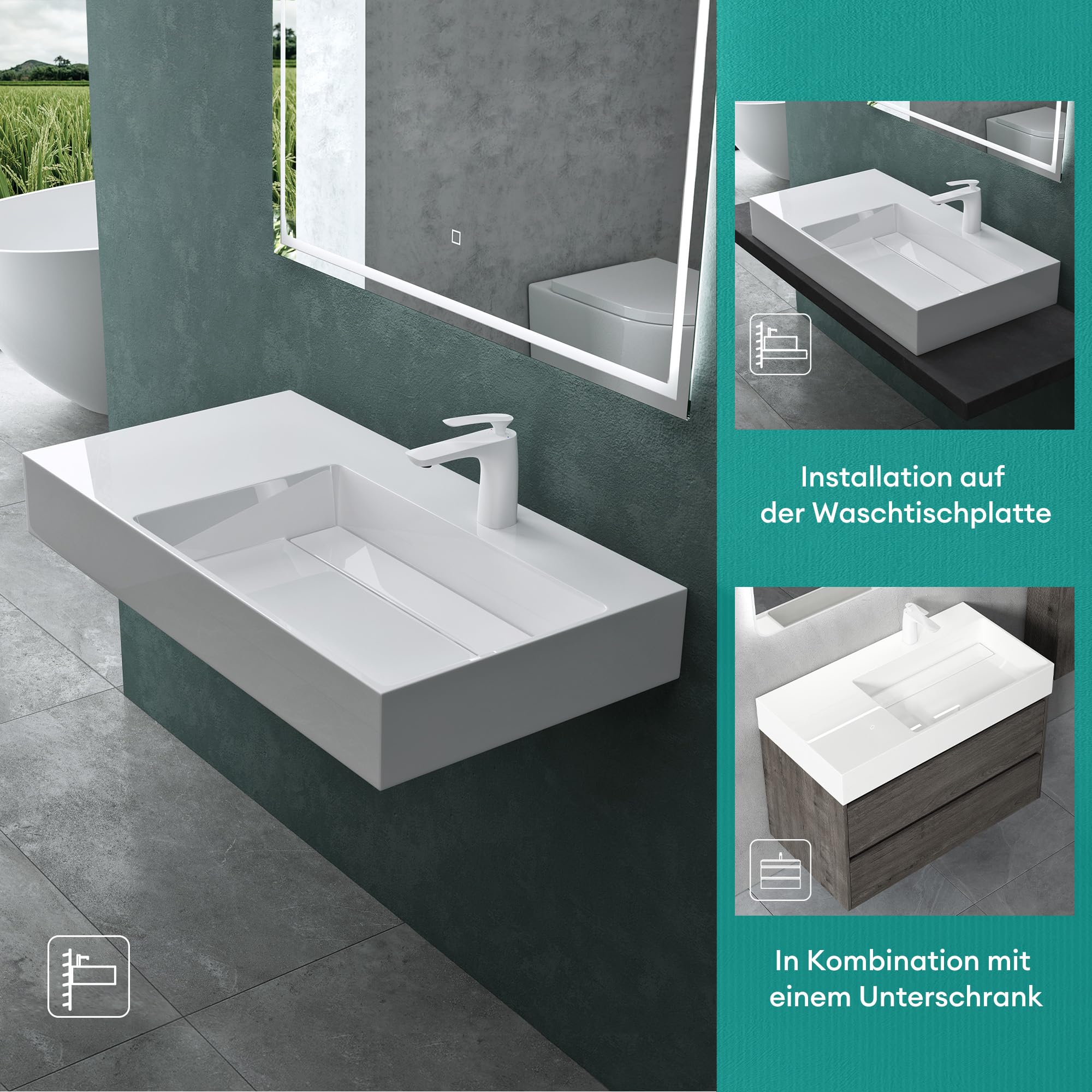 Mai & Mai Lavabo sobre Encimera Lavabo Derecho Suspendido Baño | Rectangular | Blanco Brillante | Mármol Fundido | 75x43x14cm | 1 Orificio para Grifo sin Rebosadero | Colossum12