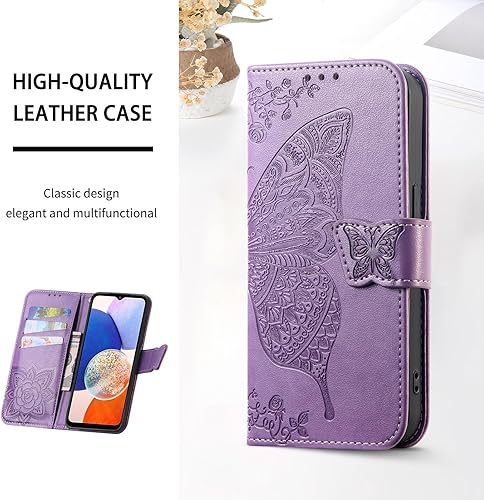 Miniatura 10 de Funda tipo cartera para Galaxy A14 5G (estampado de mariposas y flores) de cuero, con ranuras para tarjetas y función atril para Samsung Galaxy A14