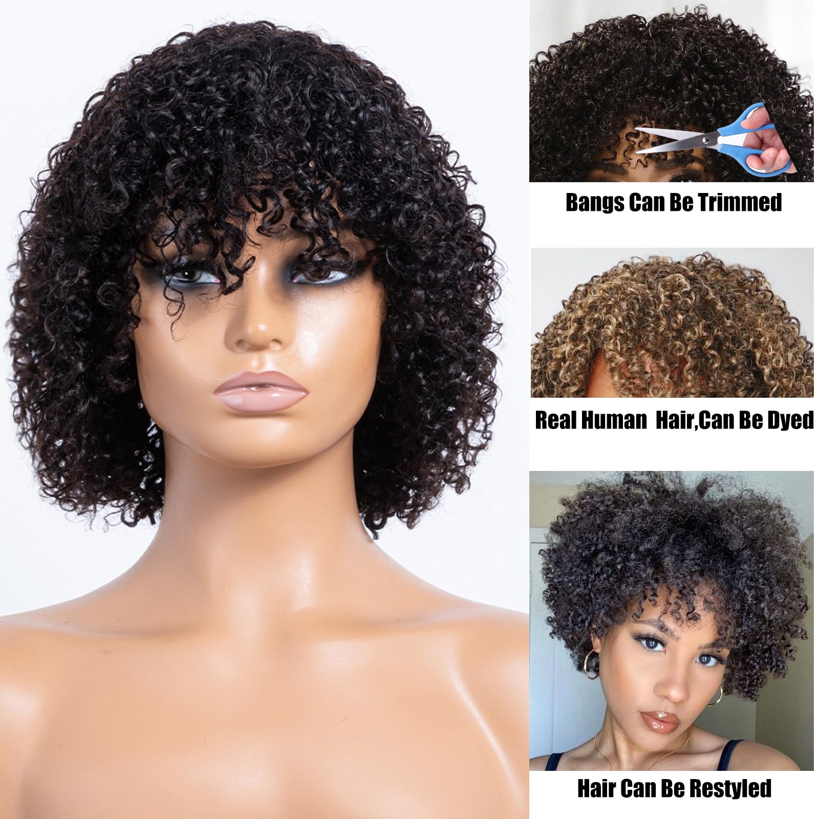 Short Glueless Human Hair Wig with Bangs