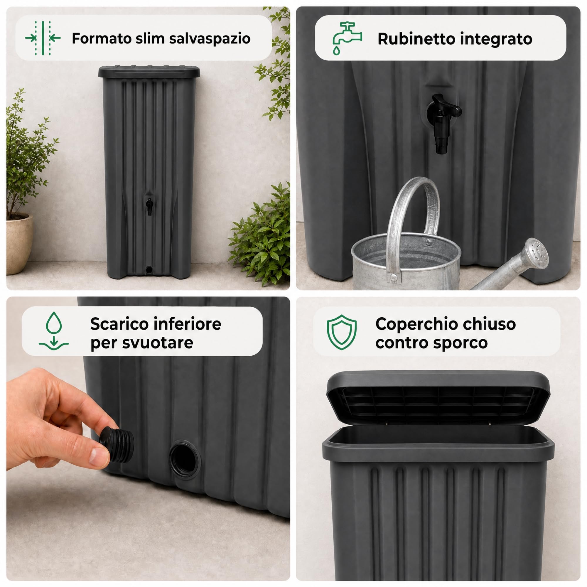 YourCasa Cascade Serbatoio Acqua Piovana 150 L, Slim Antracite | Cisterna piovana salvaspazio da parete con rubinetto integrato, coperchio e scarico invernale, prodotta in Francia