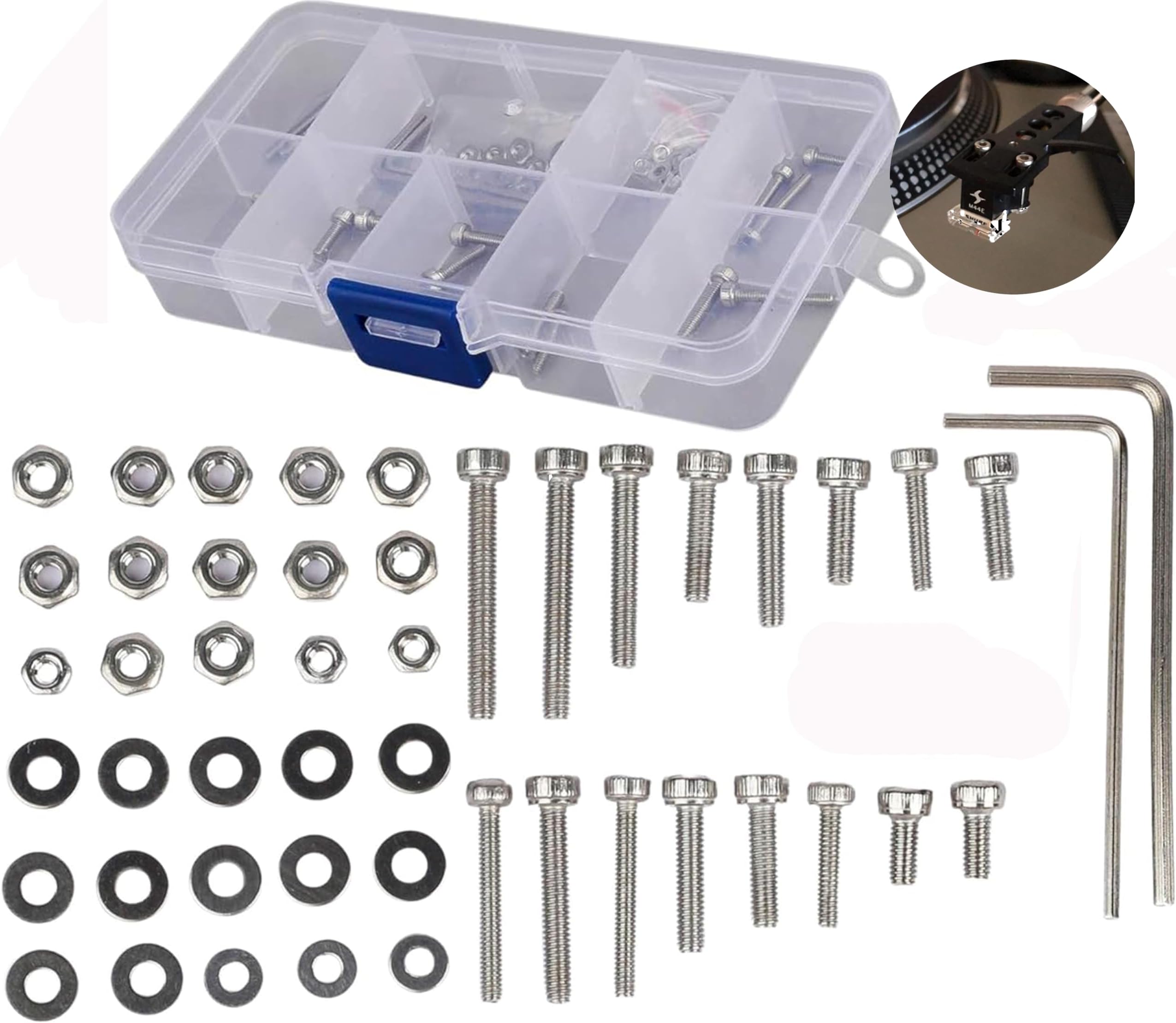 50Pcs/Set Universal Turntable Headshell Cartridge Mounting: Stainless Steel Hex Socket Head Screws, Bolts, Nuts, Metal Washers & Wrenches - Cartridge Mounting Screws - For Phonograph Parts