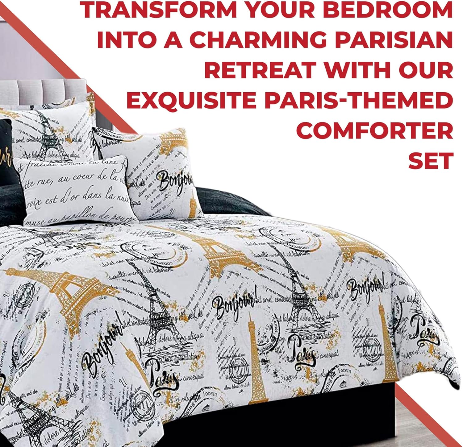 Sapphire Home Queen Size Paris Comforter Set in a Bag - 7 Piece Paris Bedroom Comforter Set with Shams, Bedskirt Cushions, Eiffel Tower Bedding for Chic & Stylish Bedroom Decor- Black, White, and Gold