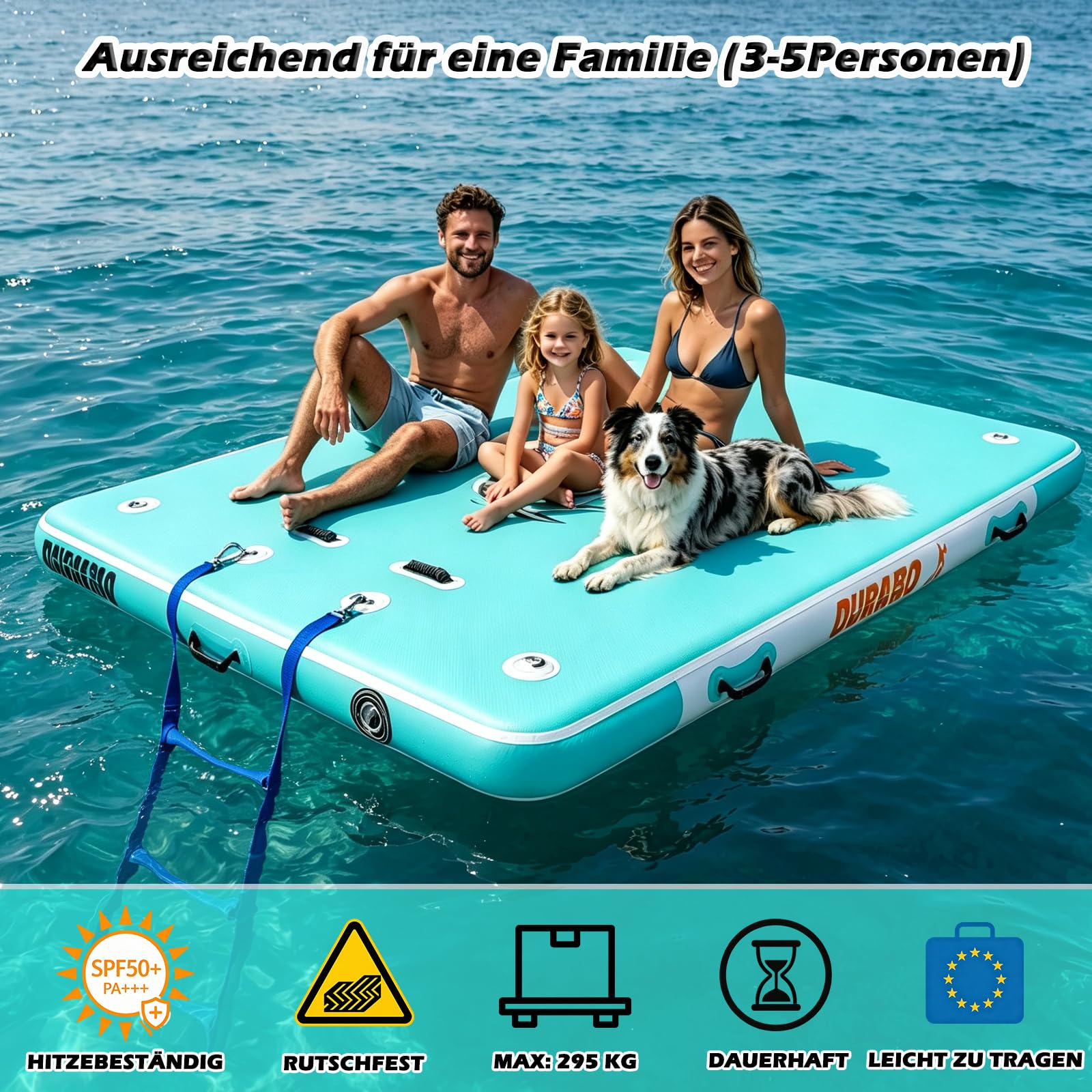 Piattaforma gonfiabile XL, 240 x 180 x 15 cm, isola da bagno antiscivolo per piscina e lago, isola galleggiante portatile con borsa per il trasporto e pompa ad aria, stazione galleggiante per la