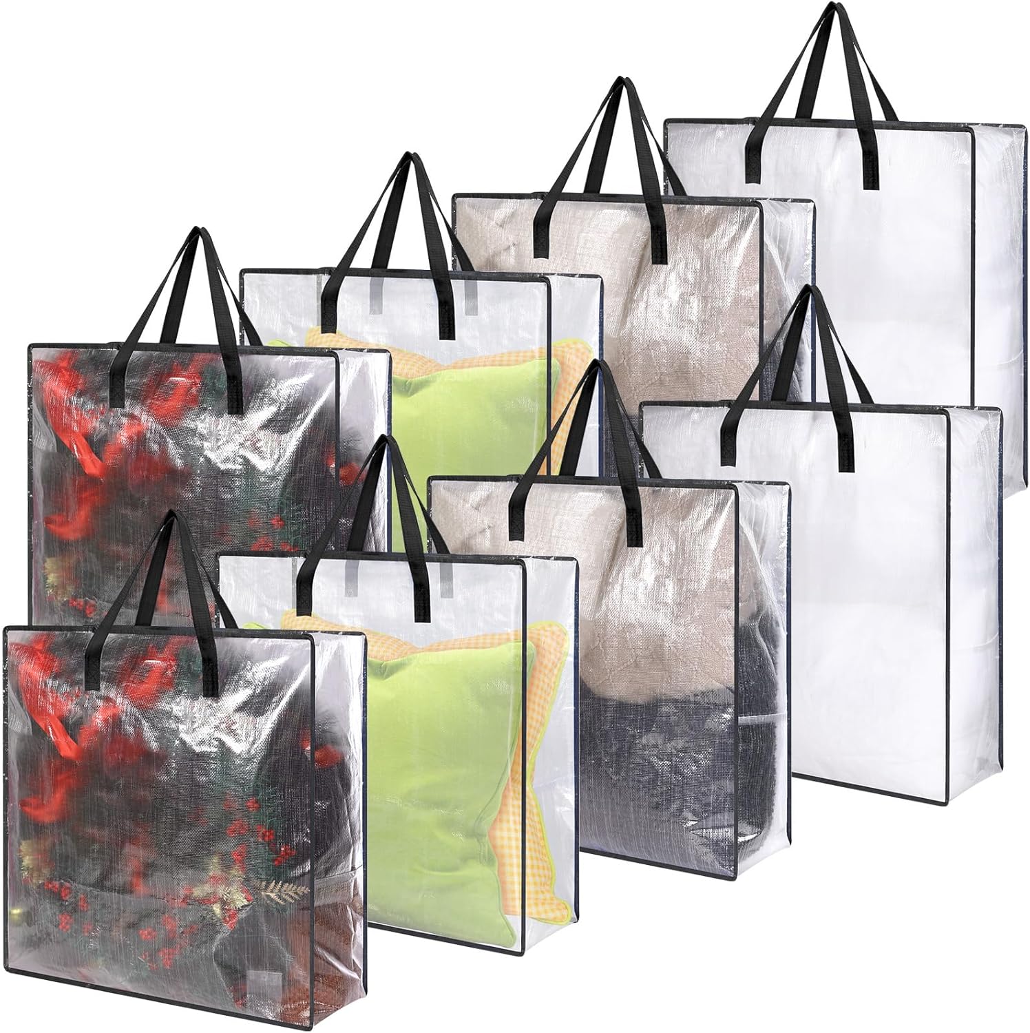 8 Pcs Clear Wreath Storage Bags Fall Halloween Christmas Decoration Garland Container Door Garland Holiday Wreath Storage Holder with Handle and Zipper Heavy Duty Plastic Packing Totes(Black)