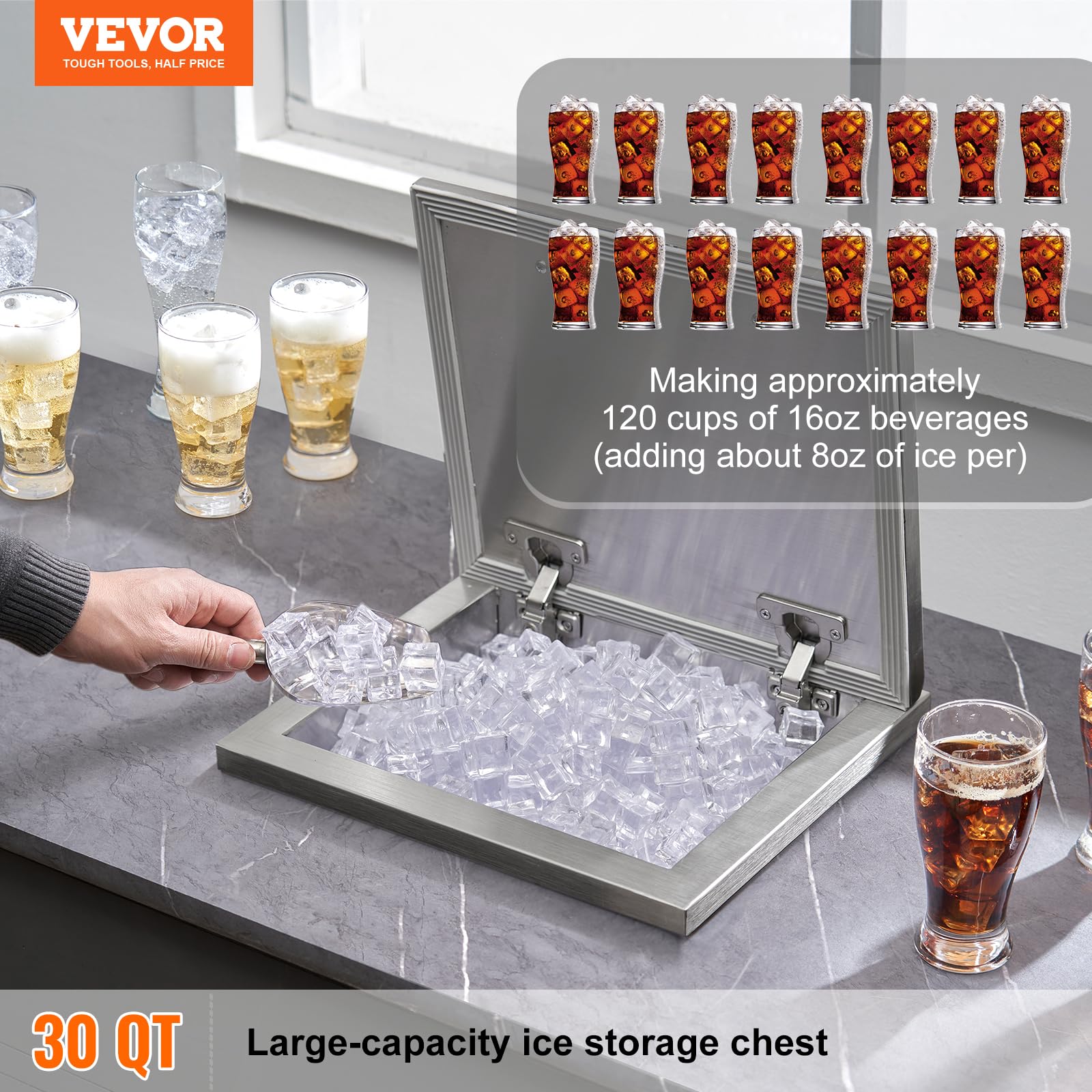 VEVOR Cofre de Hielo, 355 mm de Largo x 305 mm de Ancho x 461 mm de Alto, Enfriador de Hielo de Acero Inoxidable, Contenedor de Hielo Comercial con Cubierta con Bisagras, Aleación de Aluminio de Mango
