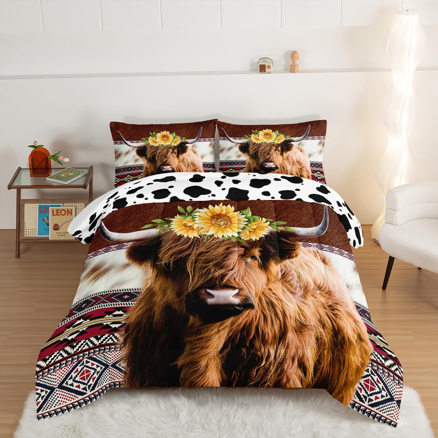 HOSIMA Highland Cow Decor Comforter with 2 Pillowcases,Animal Theme Western Bedding Sets,Brown Cowhide Black White Cow Print Comforter Set for Adults Kids,Sunflower King Size Comforter.