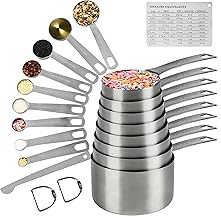 Hotsyang Stainless Steel Measuring Cups and Spoons Set: Stainless Steel Measuring Cups of 8, Spoons of 9, 1 Leveler, 1 Measurement Conversion Chart for Stainless Steel Measuring Cups, 18/8(304)