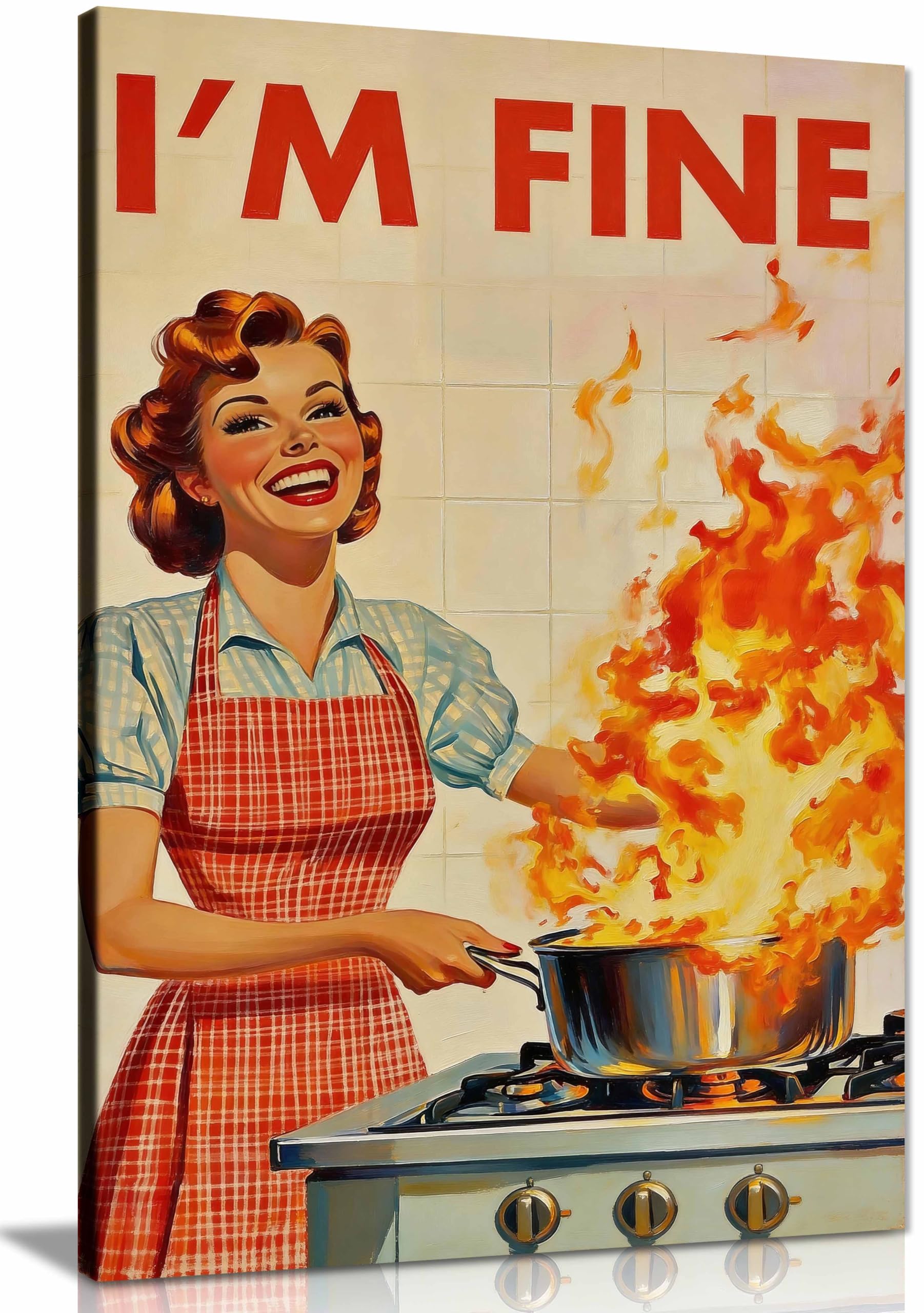 Retro Kitchen Print, Funny 50s Poster, Vintage Cooking Art, Humorous Kitchen, Retro Wall Art, I’m Fine Print Framed Canvas Print, Pictures for Home Walls, Bedroom, Living Room Decor 31x20cm (12x8in)