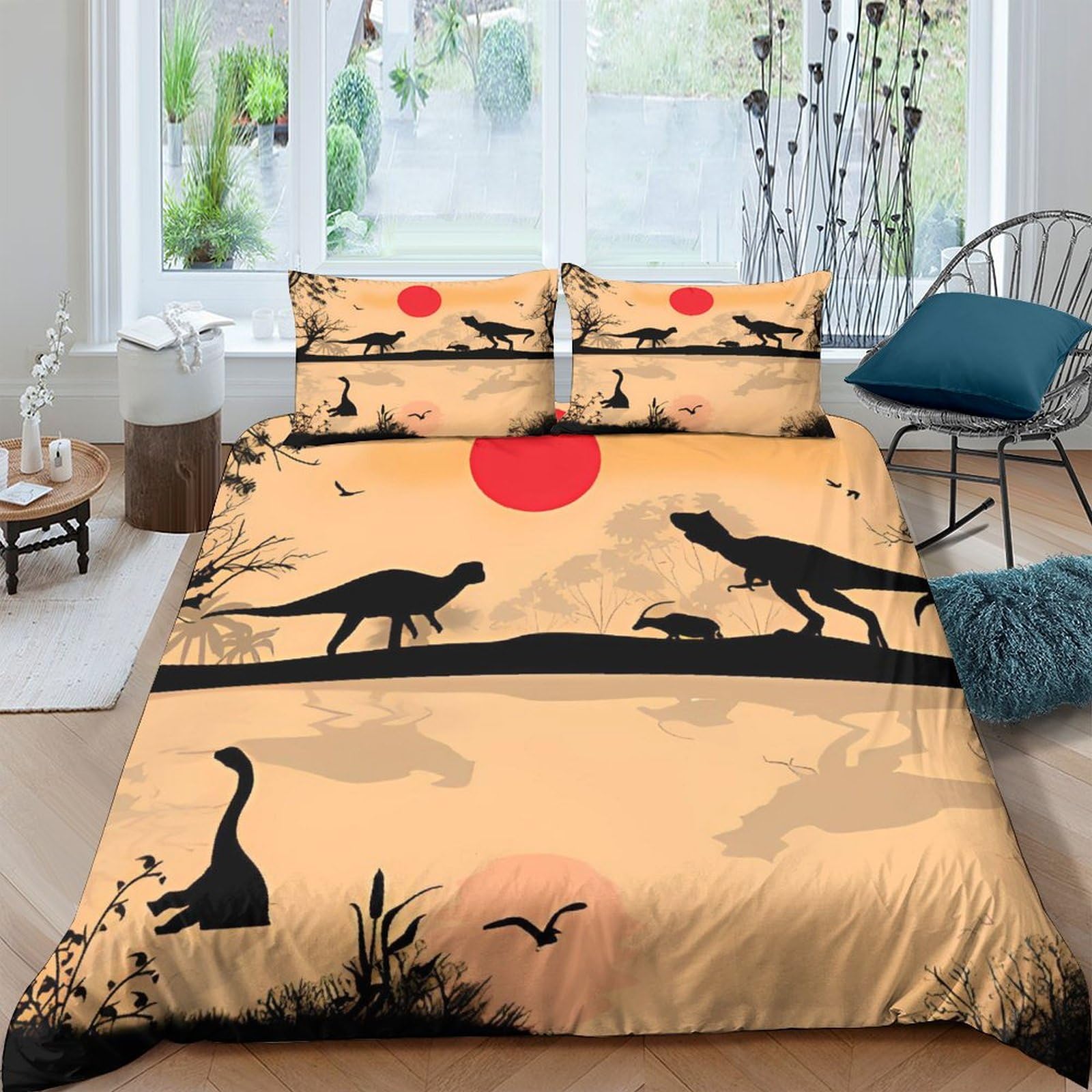 Housse de couette imprimé 3D coucher de soleil dinosaure rétro