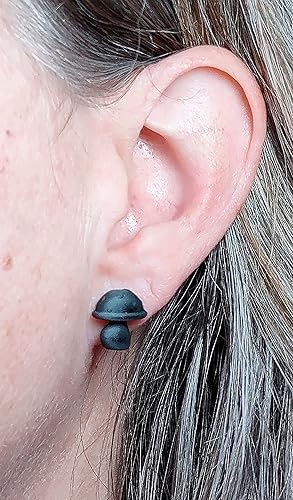 Miniatura 3 de Par de aretes de hongos negros simples, unisex, para hombre/mujer, resina polimérica a base de plantas, joyería vegana con poste de acero inoxidable
