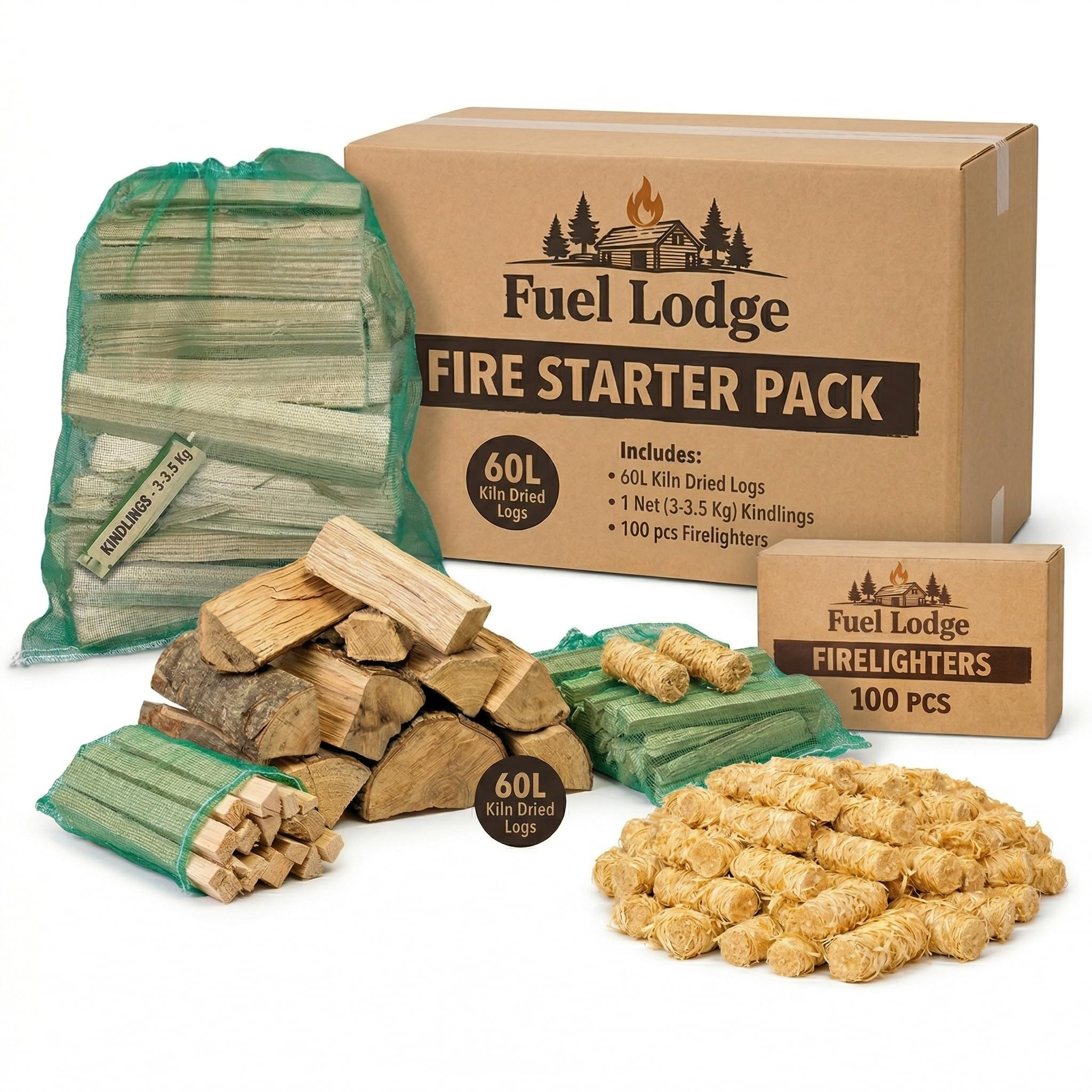 Fuel Lodge Fire Starter Pack - 60L Kiln Dried Logs, 3.5kg Kindling Net & 100pc Firelighters - Ready to Burn Firewood for Log Burners & Fire Pit (60L Logs, 3-3.5kg Kindlings, 100 Pcs Firelighters)
