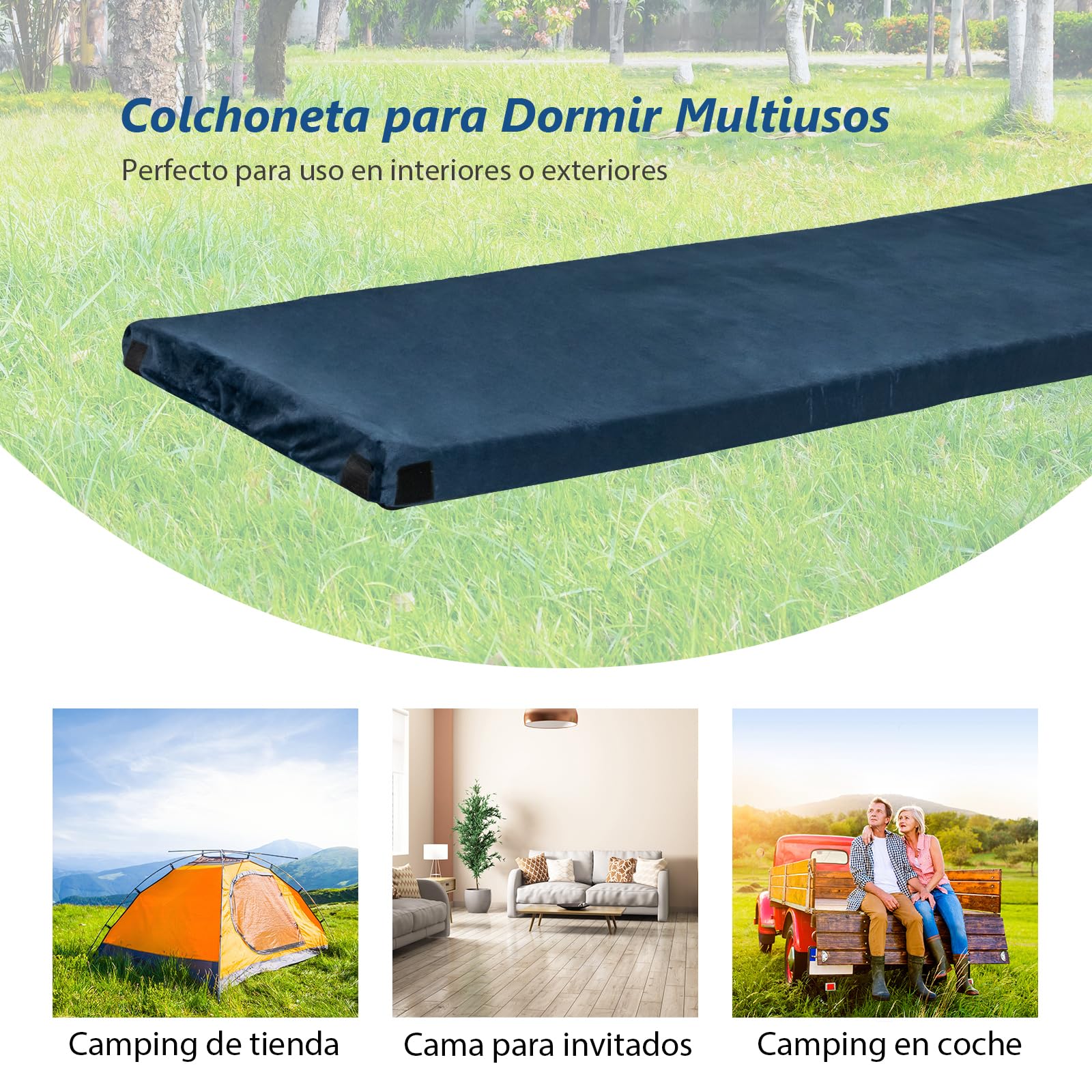 GOPLUS Colchón de Espuma Viscoelástica para Camping, Colchoneta Portátil Enrollable con Fondo Antideslizante, Bolsa de Viaje, Esterilla Impermeable para Coche Camión