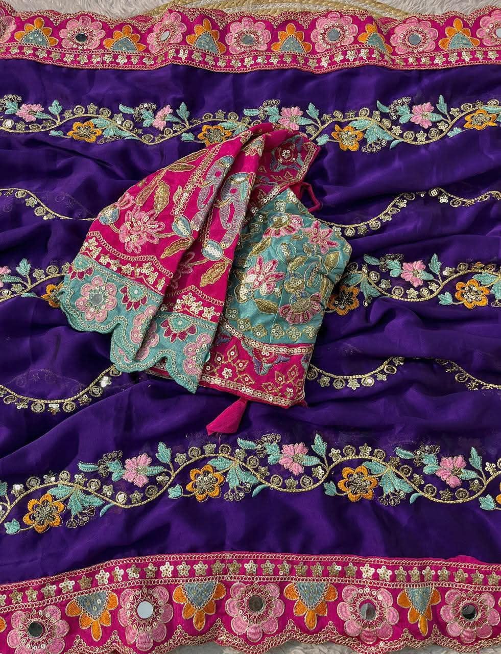 Womens Designer Rangoli Silk Saree with Dori Sequins Embroidery Mirror Work and Stitched Banglory Silk Blouse Traditional Ethnic Wear-picture-22