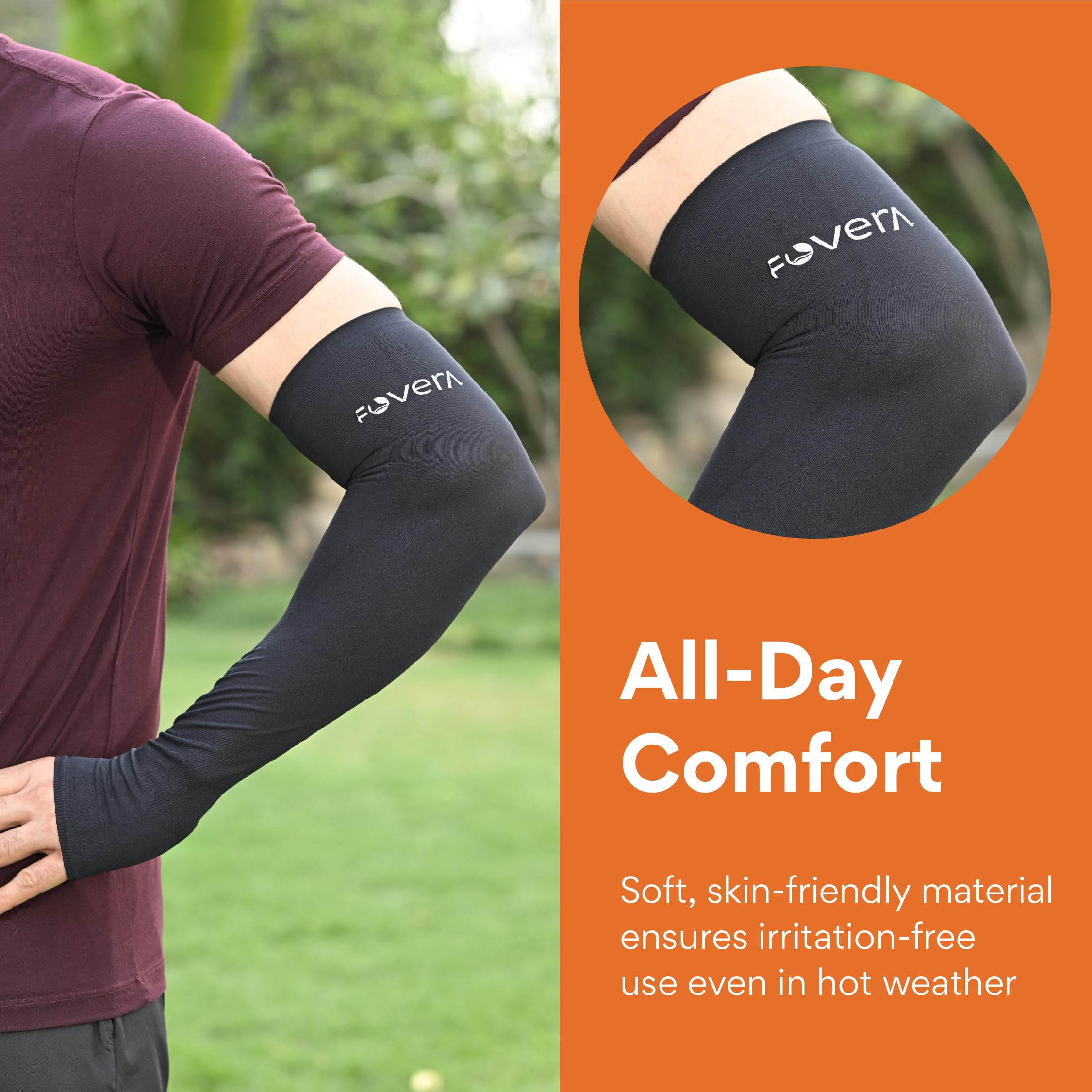 FOVERA UV Sun Protection Arm Sleeves with Thumb Loop for Men & Women – UPF 50+ Cooling Hand Cover for Biking, Cricket, Driving & Cycling – Tan Protection Guard (Black, 1 Pair) 2