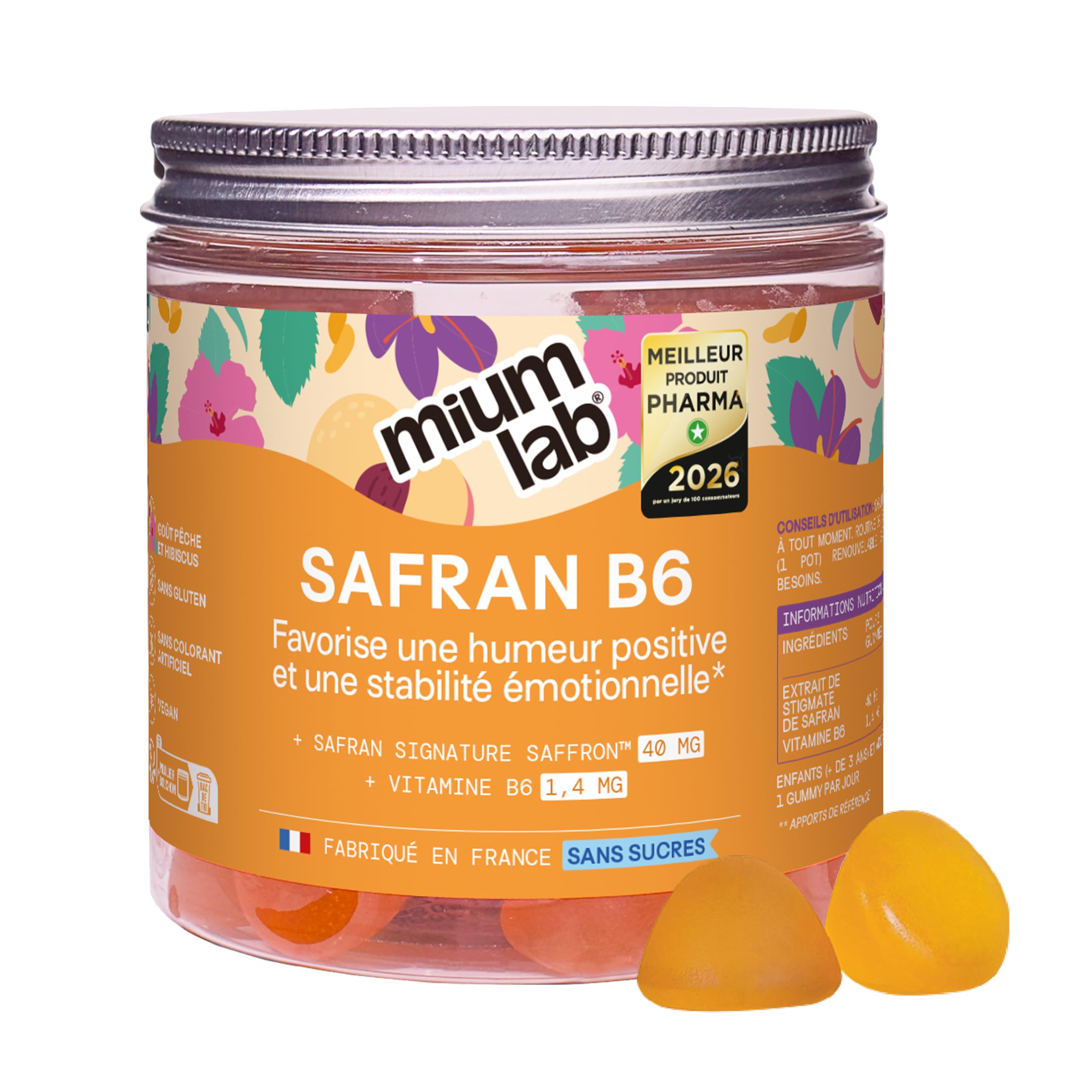 Mium Lab - Gummies Safran Hautement dosé (40mg) et Vitamineamine B6 sans sucres - Enfants et Adultes - Formule exclusive - Programme 3 à 6 semaines - Saveur Pêche - Fabriqué en France
