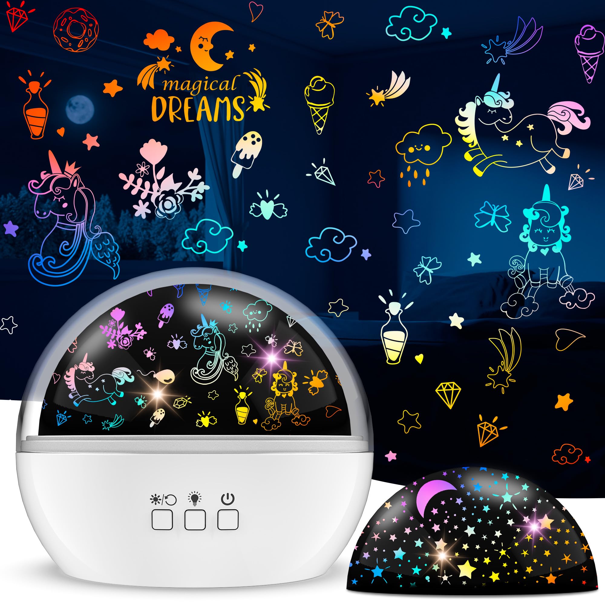 Unicorn Projector Night Light for 2-10 Year Old Girls, Cute Unicorn and Star Projection Night Light for Kids with Autism, Suitable for Birthday or Holiday Gift for Kids Bedroom Night Lamp(White)