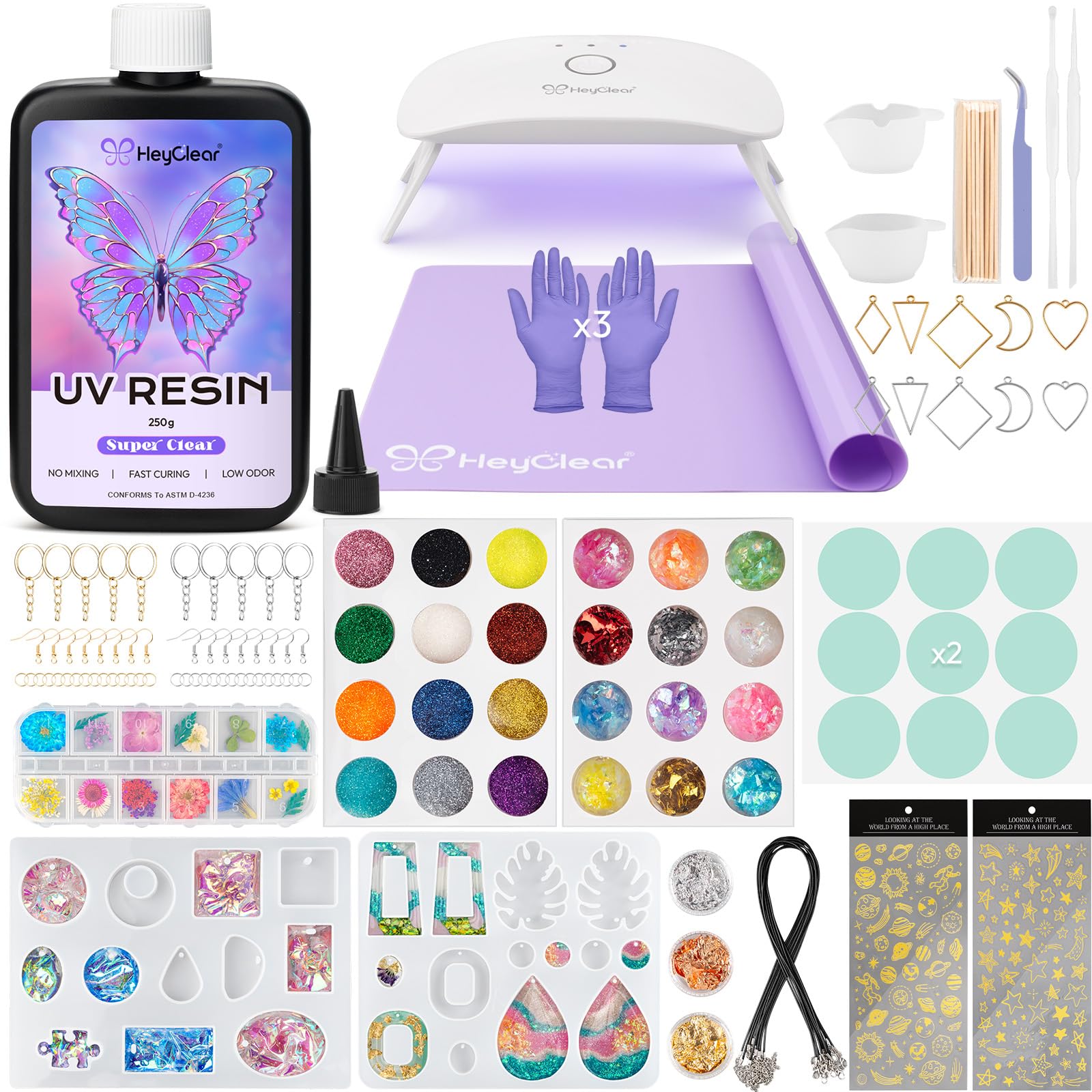 HeyClear UV Resin Moulds Jewelry Making Kit with UV Light -250g Super Clear, Hard Premixed and Fast Curing for Keychains, Earrings, DIY Craft Decorations