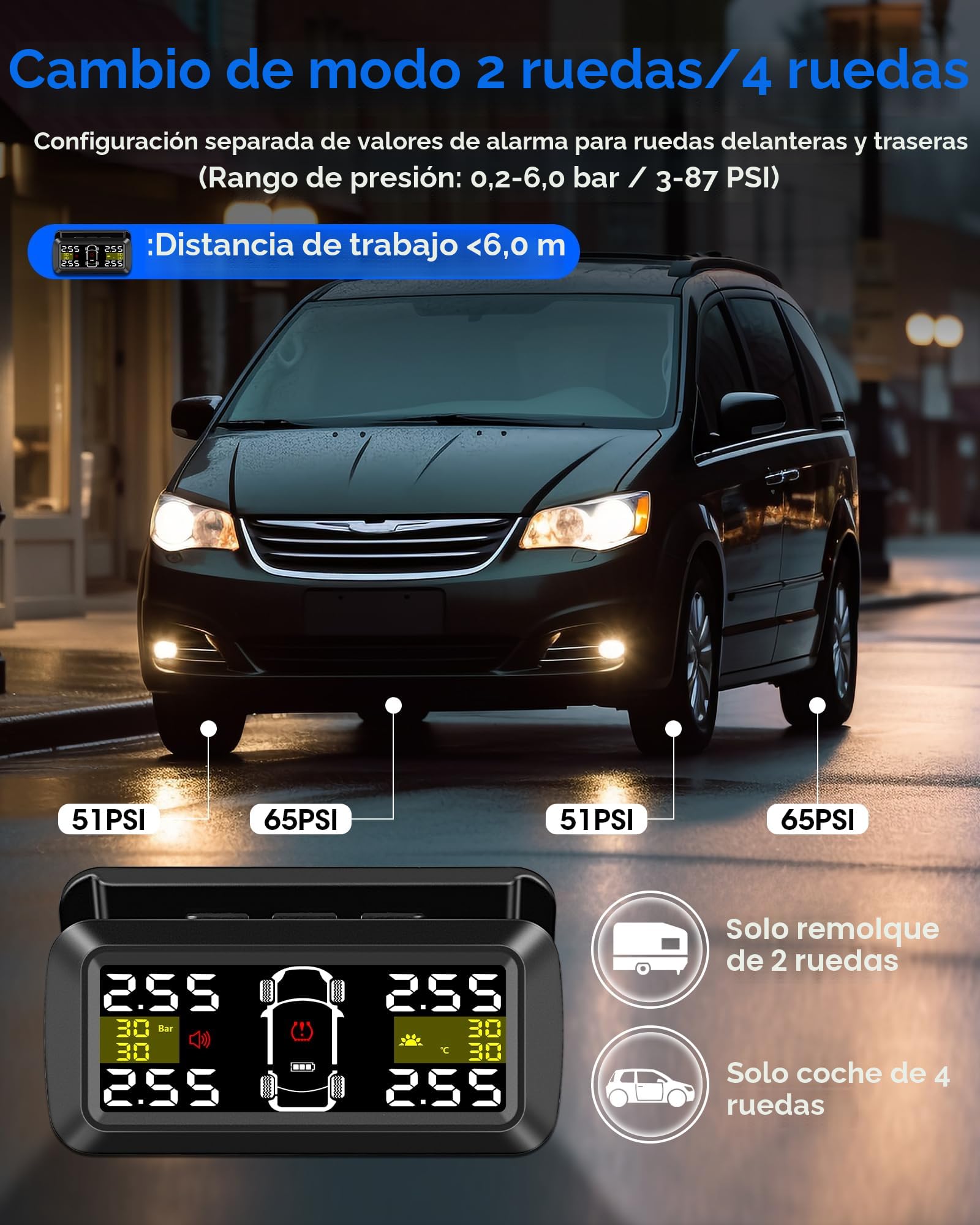 TPMS Sistema de Monitoreo de Presión de Neumáticos【2/4-Ruedas Modos】0.01Bar Alta precisión Carga solar TPMS 3.5 Pulgadas Soporte Desmontable con 4 Sensor Presion Neumaticos para Coche SUV 5-87Psi