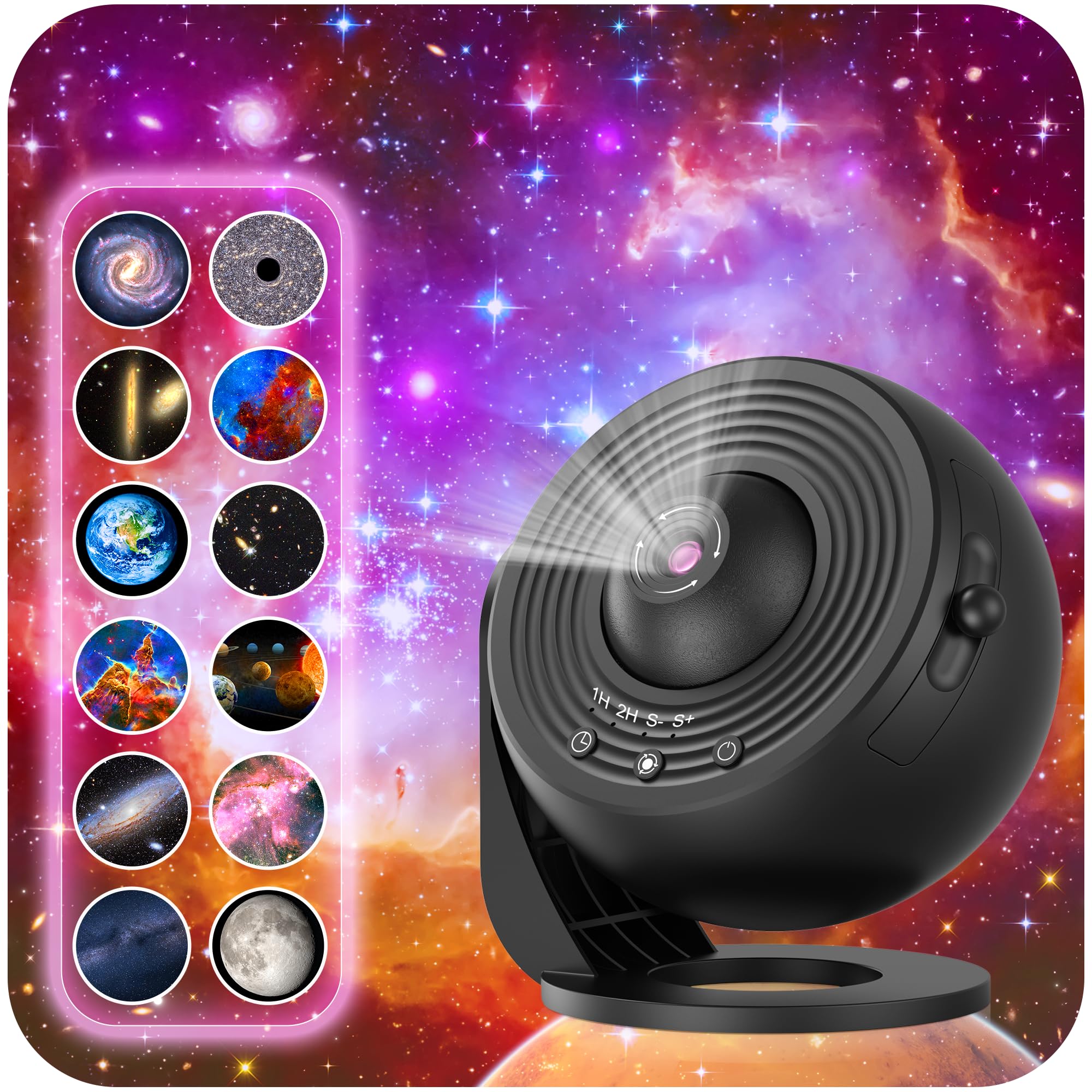 Galaxy Projector for Bedroom, HD Image Star Projector Galaxy Light Adjustable Knob, 13 Film Discs Planetarium Projector for Kids, 360° Rotating 1/2h Timer Simple 3-Button Control